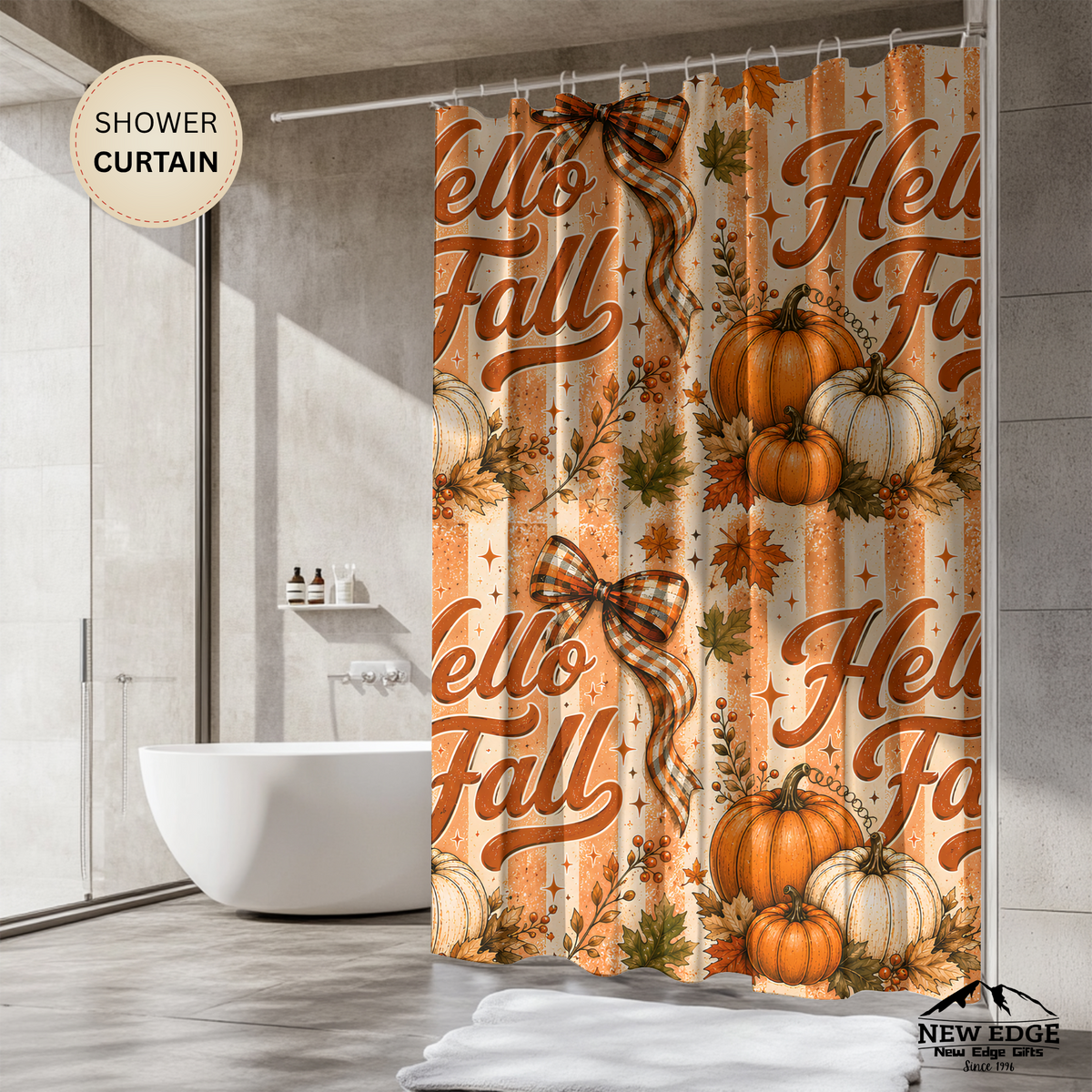 Hello Fall Shower Curtain Pumpkin Patch Autumn Leaves Plaid Bows Rustic Farmhouse Harvest Thanksgiving Bathroom Decor