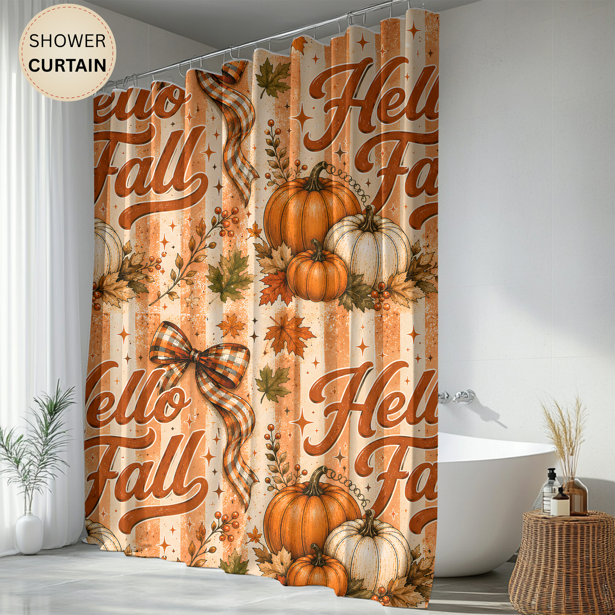 Hello Fall Shower Curtain Pumpkin Patch Autumn Leaves Plaid Bows Rustic Farmhouse Harvest Thanksgiving Bathroom Decor