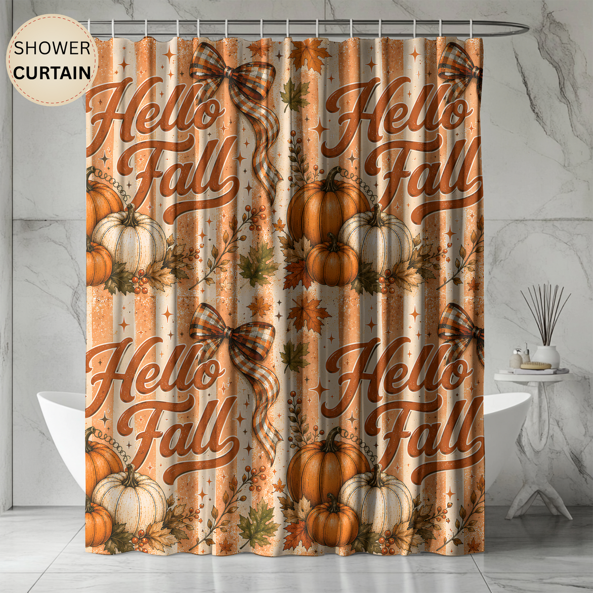 Hello Fall Shower Curtain Pumpkin Patch Autumn Leaves Plaid Bows Rustic Farmhouse Harvest Thanksgiving Bathroom Decor
