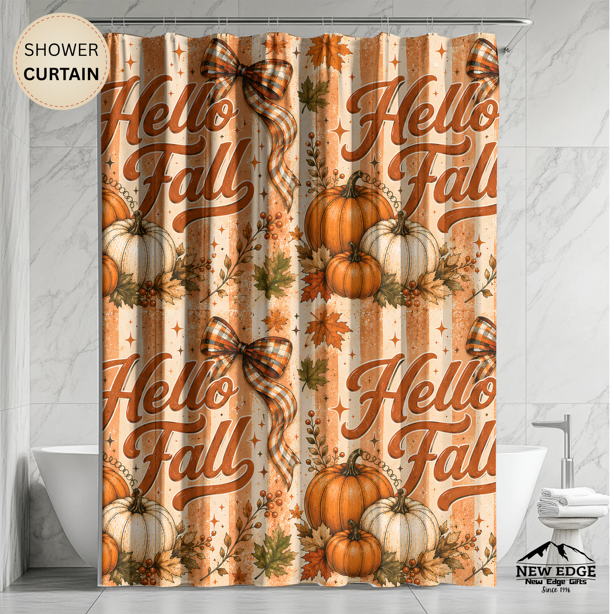 Hello Fall Shower Curtain Pumpkin Patch Autumn Leaves Plaid Bows Rustic Farmhouse Harvest Thanksgiving Bathroom Decor