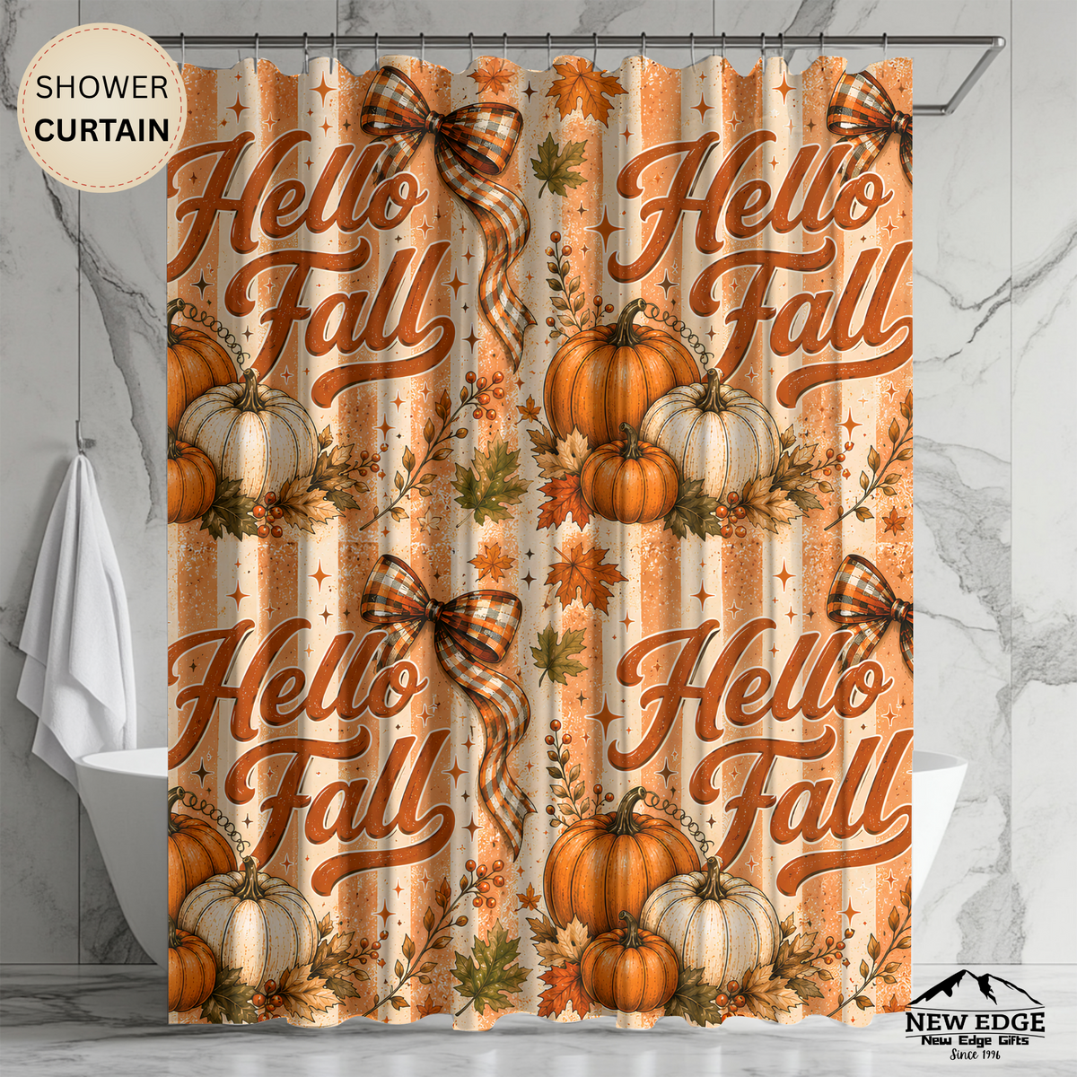 Hello Fall Shower Curtain Pumpkin Patch Autumn Leaves Plaid Bows Rustic Farmhouse Harvest Thanksgiving Bathroom Decor