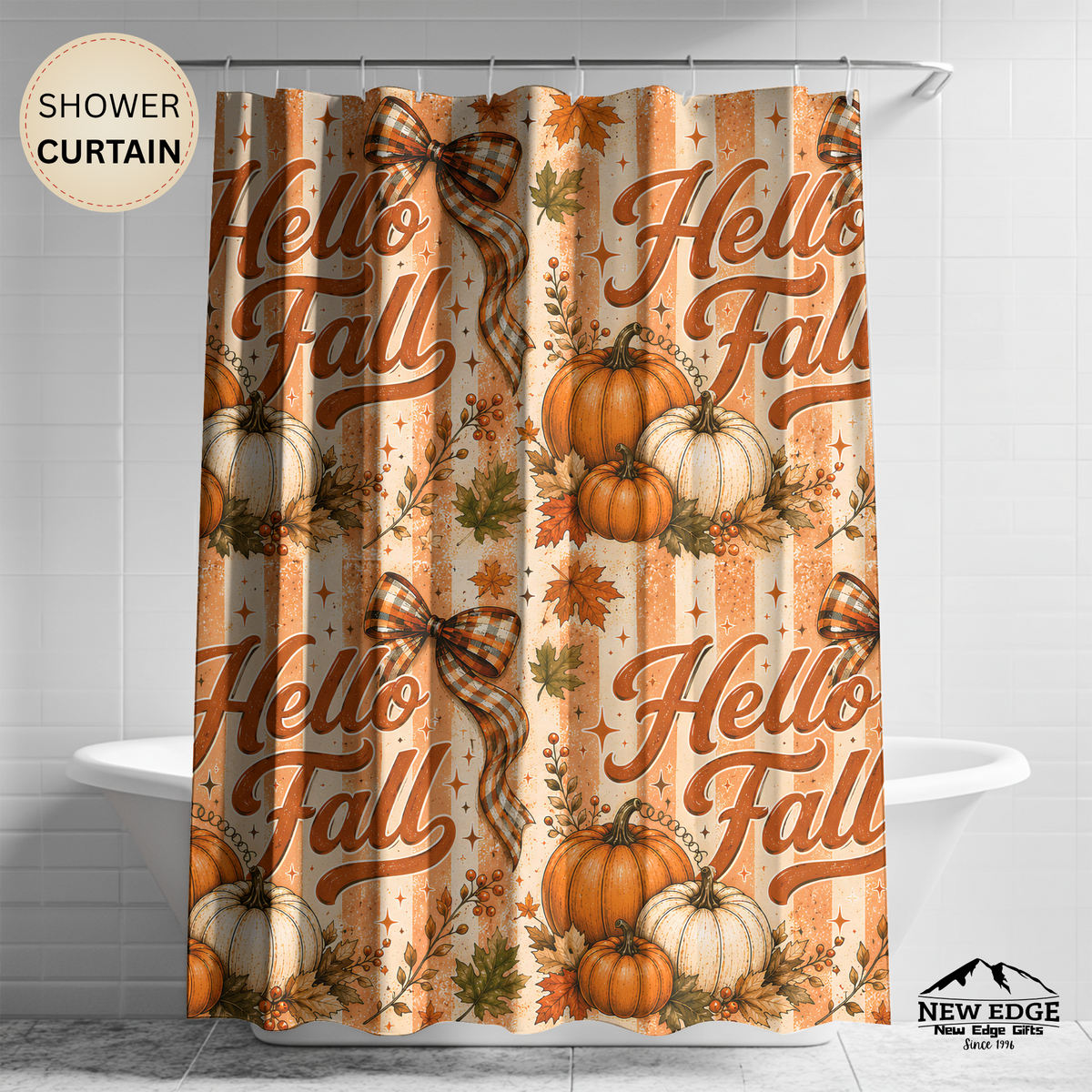Hello Fall Shower Curtain Pumpkin Patch Autumn Leaves Plaid Bows Rustic Farmhouse Harvest Thanksgiving Bathroom Decor