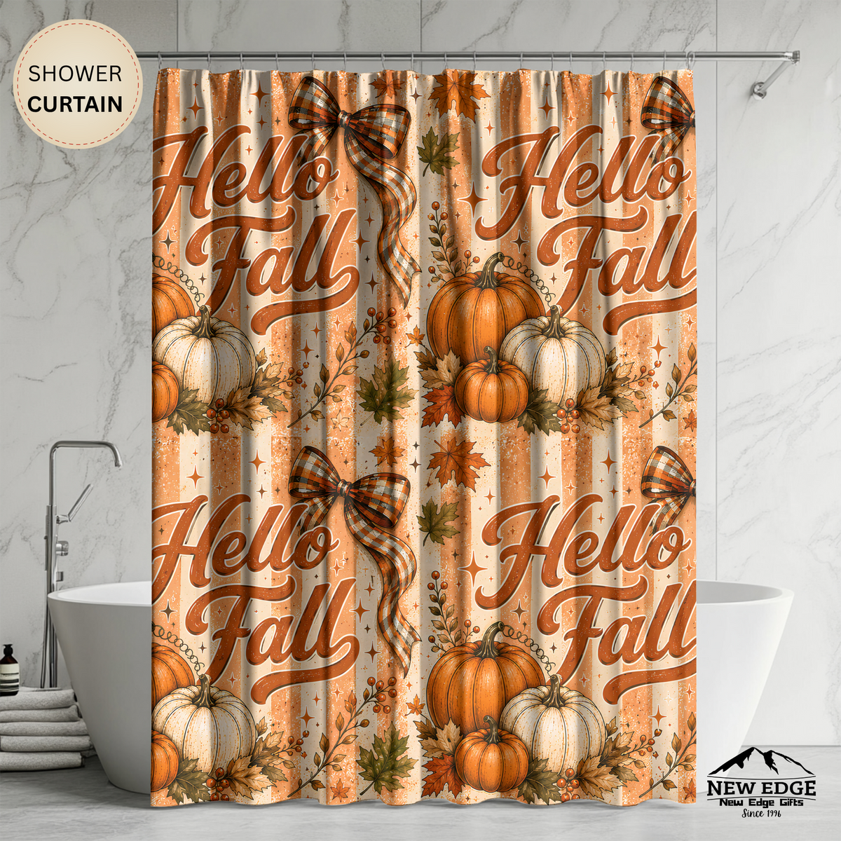 Hello Fall Shower Curtain Pumpkin Patch Autumn Leaves Plaid Bows Rustic Farmhouse Harvest Thanksgiving Bathroom Decor