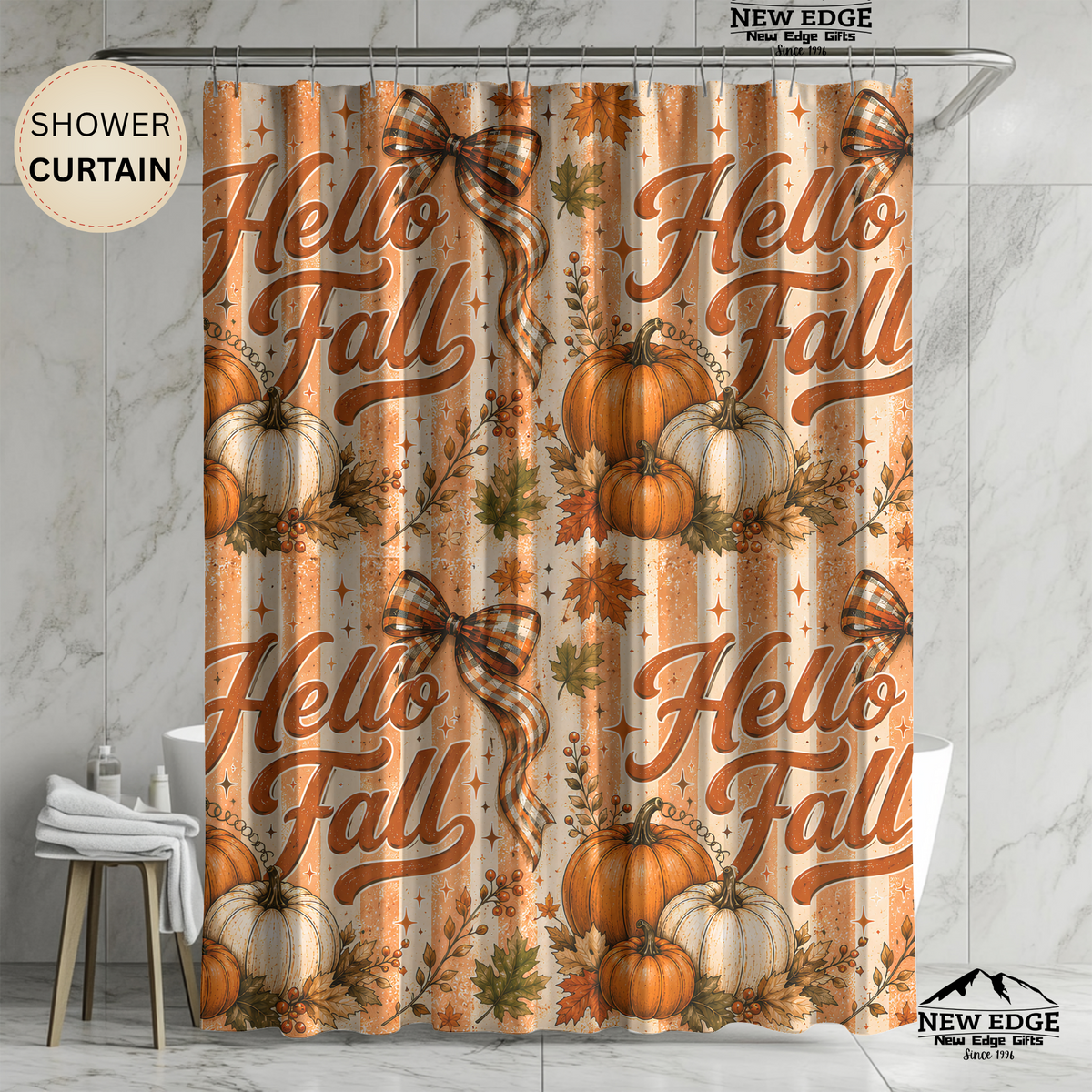 Hello Fall Shower Curtain Pumpkin Patch Autumn Leaves Plaid Bows Rustic Farmhouse Harvest Thanksgiving Bathroom Decor