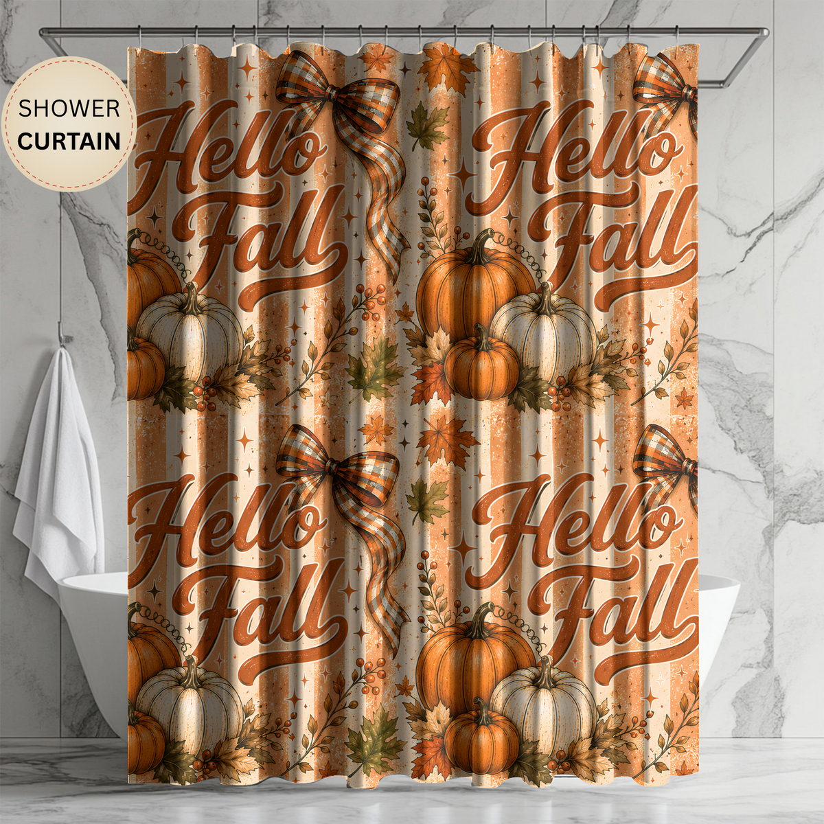 Hello Fall Shower Curtain Pumpkin Patch Autumn Leaves Plaid Bows Rustic Farmhouse Harvest Thanksgiving Bathroom Decor
