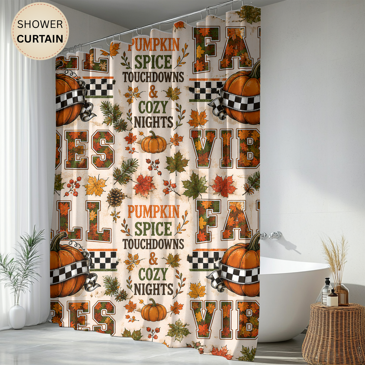 Fall Vibes Shower Curtain Pumpkin Spice Football Touchdowns Autumn Leaves Checkered Pumpkins Cozy Rustic Bathroom Decor