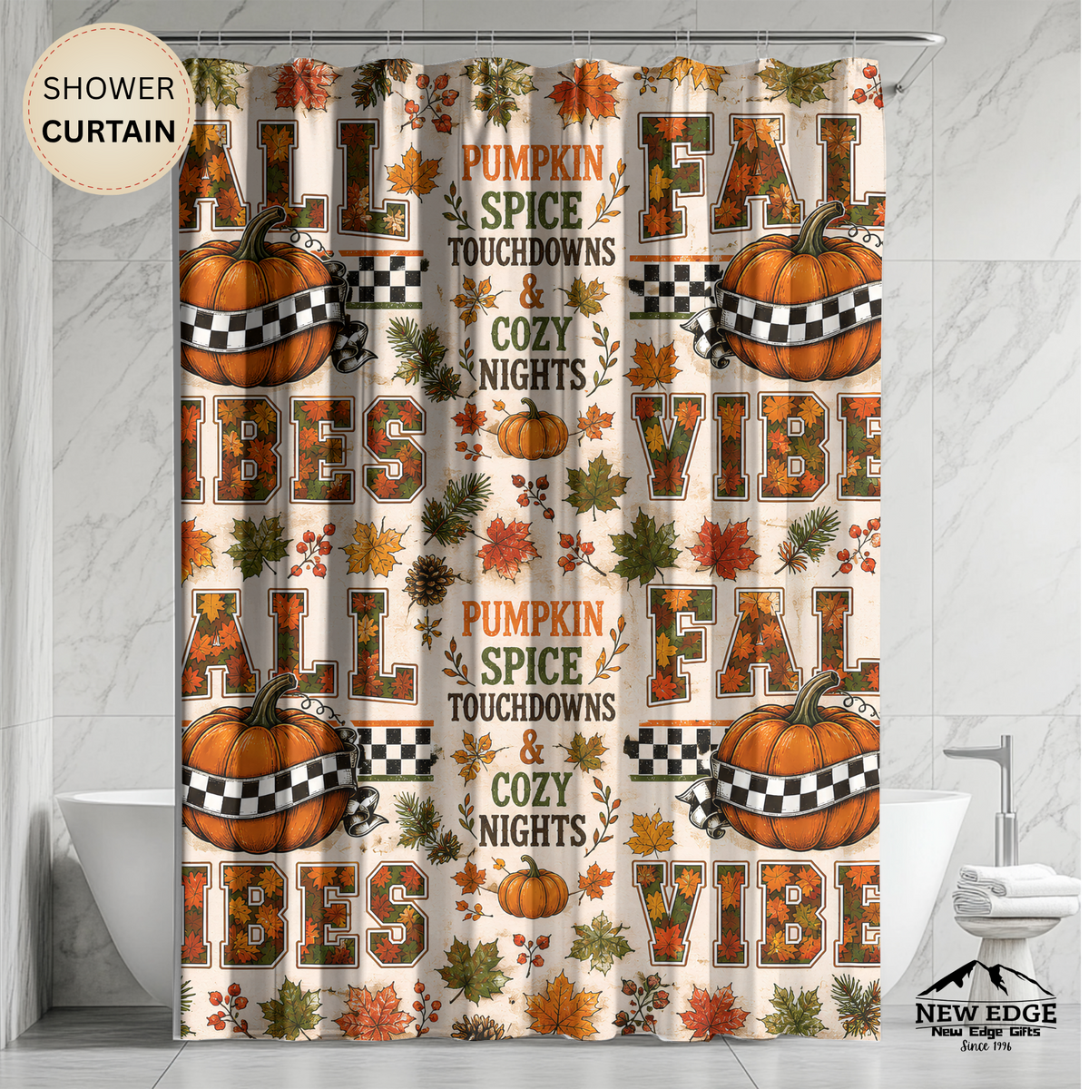 Fall Vibes Shower Curtain Pumpkin Spice Football Touchdowns Autumn Leaves Checkered Pumpkins Cozy Rustic Bathroom Decor