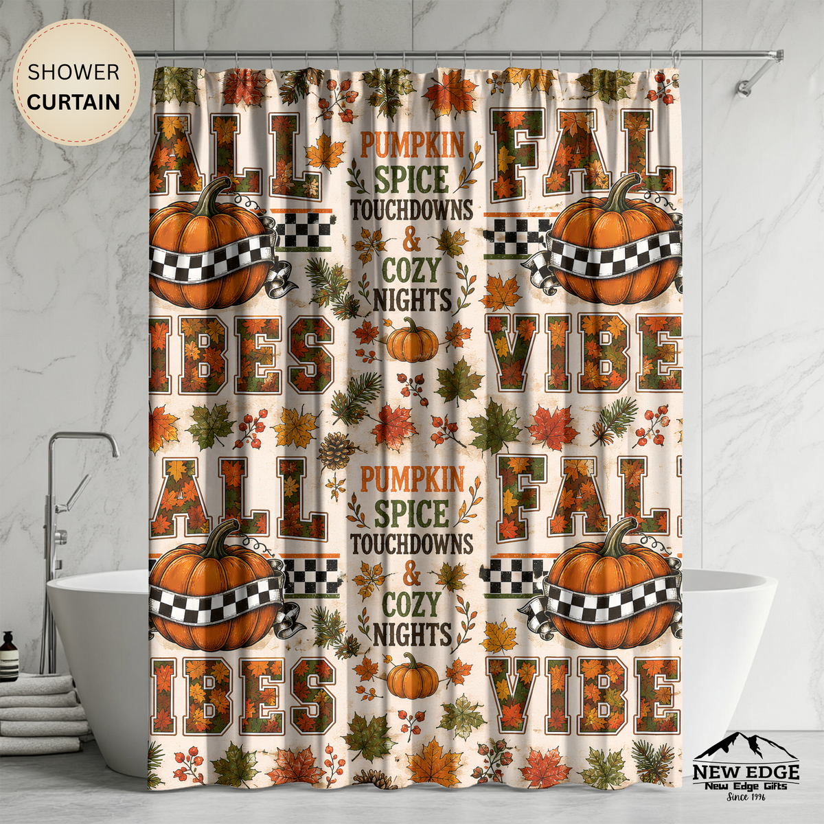 Fall Vibes Shower Curtain Pumpkin Spice Football Touchdowns Autumn Leaves Checkered Pumpkins Cozy Rustic Bathroom Decor