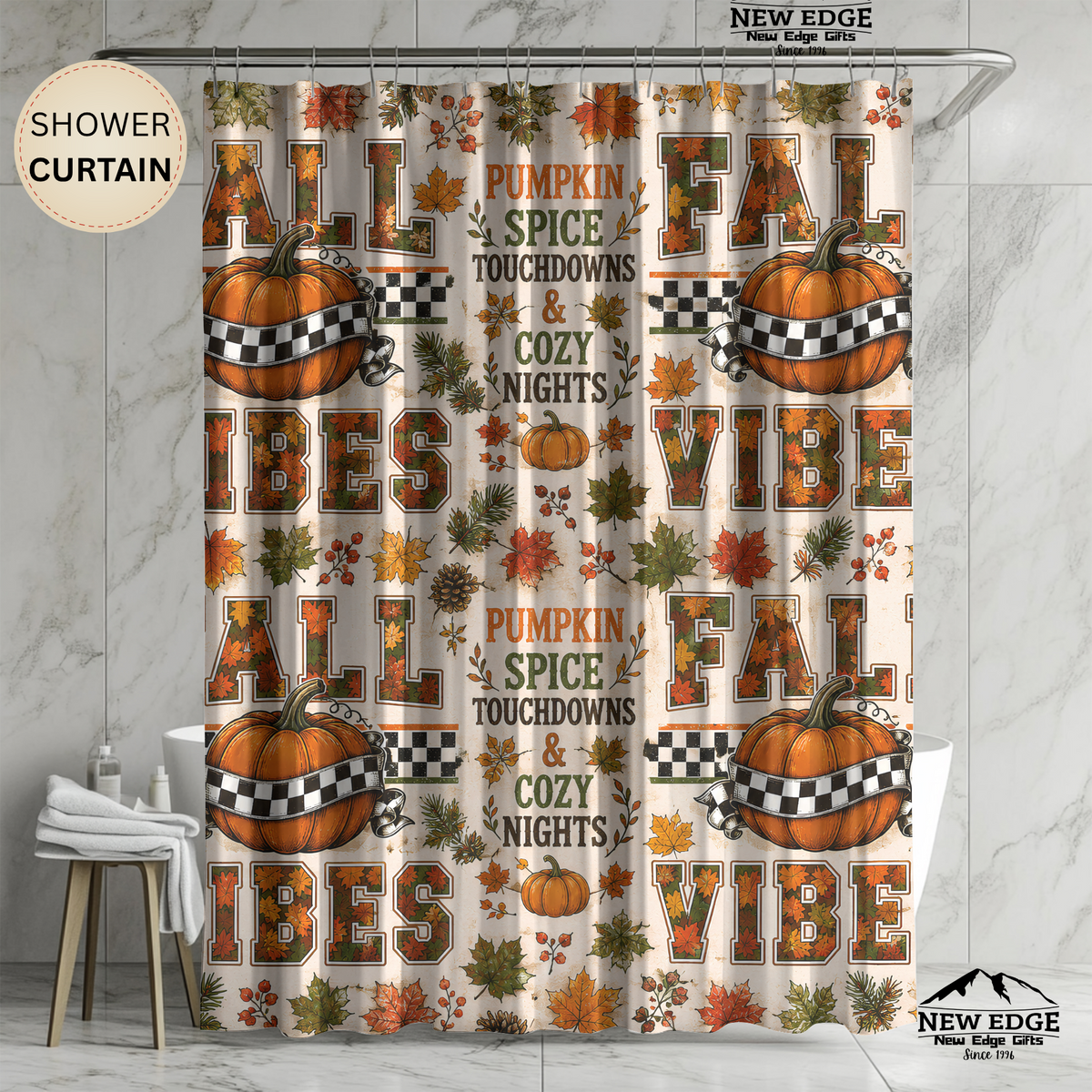 Fall Vibes Shower Curtain Pumpkin Spice Football Touchdowns Autumn Leaves Checkered Pumpkins Cozy Rustic Bathroom Decor