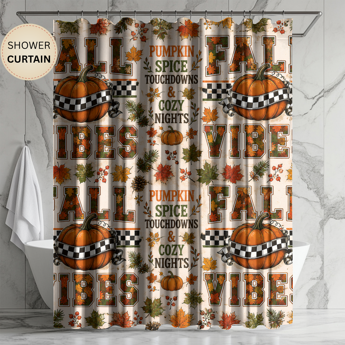 Fall Vibes Shower Curtain Pumpkin Spice Football Touchdowns Autumn Leaves Checkered Pumpkins Cozy Rustic Bathroom Decor