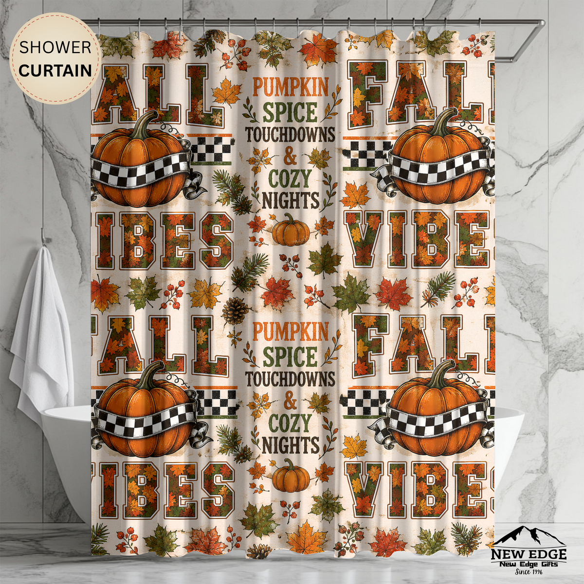 Fall Vibes Shower Curtain Pumpkin Spice Football Touchdowns Autumn Leaves Checkered Pumpkins Cozy Rustic Bathroom Decor