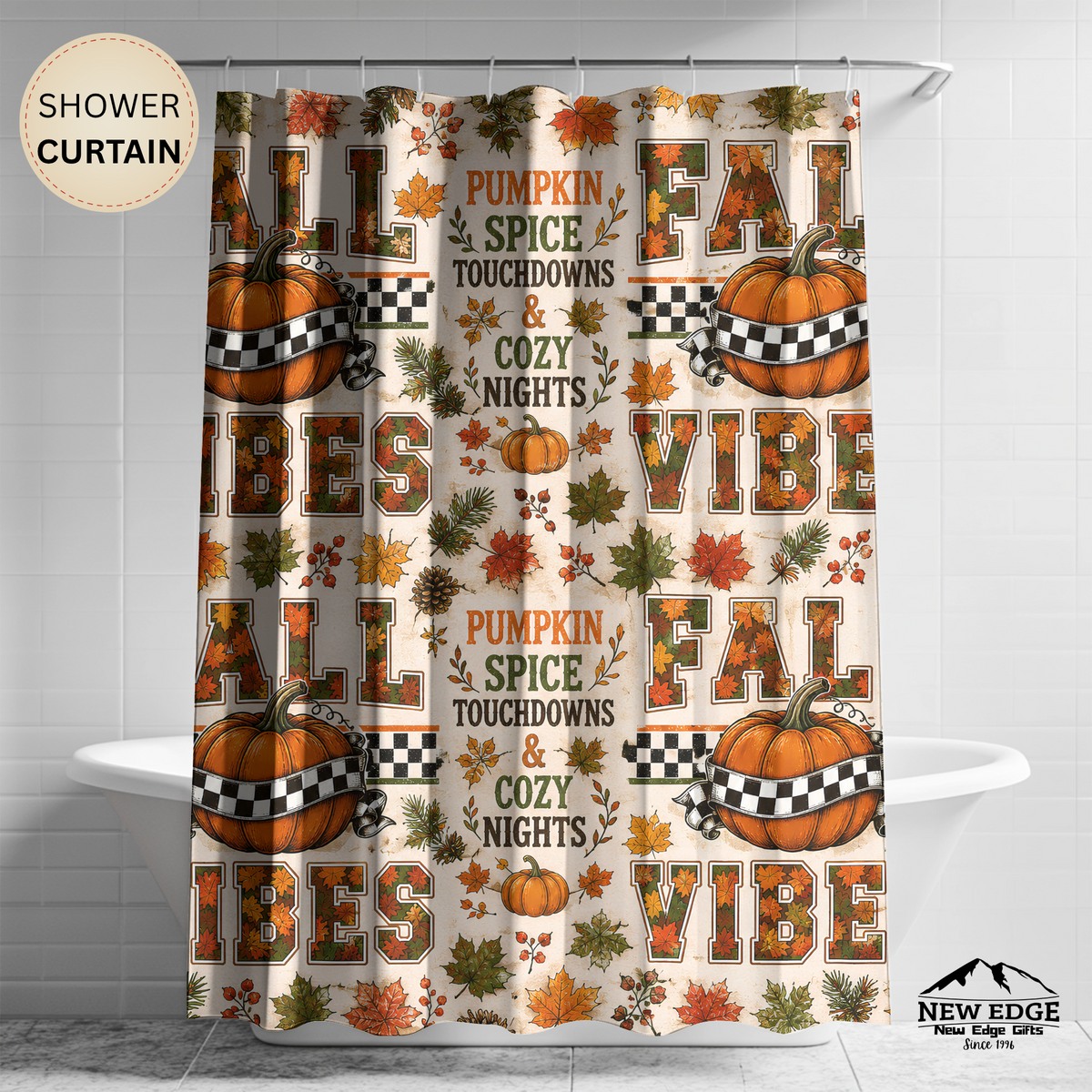 Fall Vibes Shower Curtain Pumpkin Spice Football Touchdowns Autumn Leaves Checkered Pumpkins Cozy Rustic Bathroom Decor