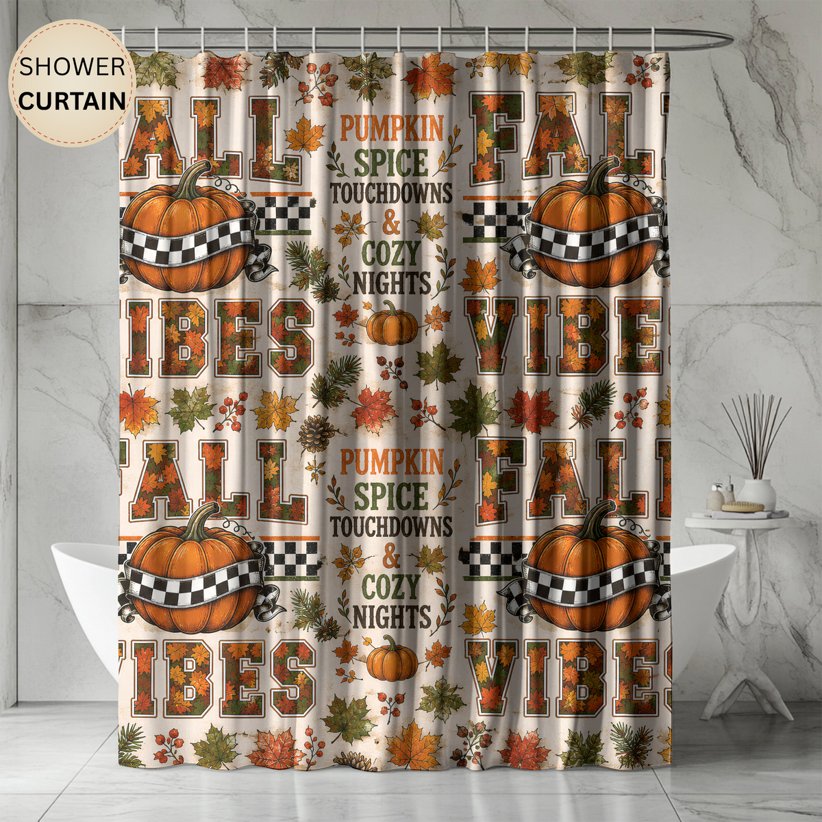 Fall Vibes Shower Curtain Pumpkin Spice Football Touchdowns Autumn Leaves Checkered Pumpkins Cozy Rustic Bathroom Decor
