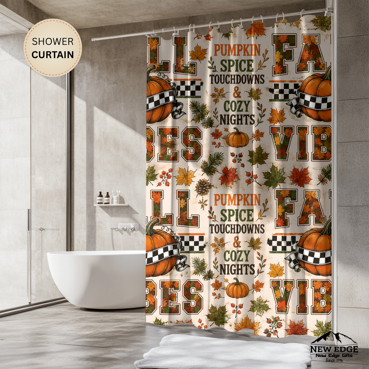 Fall Vibes Shower Curtain Pumpkin Spice Football Touchdowns Autumn Leaves Checkered Pumpkins Cozy Rustic Bathroom Decor