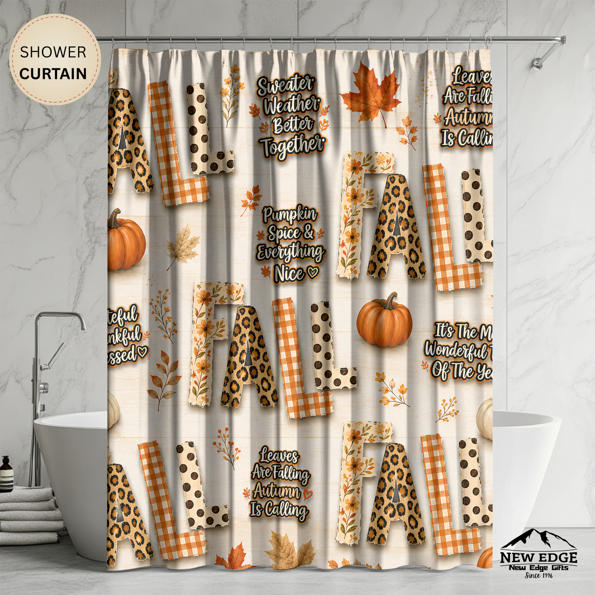 Fall Shower Curtain Pumpkins Leopard Gingham Autumn Leaves Faux Patchwork Sweater Weather Rustic Farmhouse Bathroom Decor
