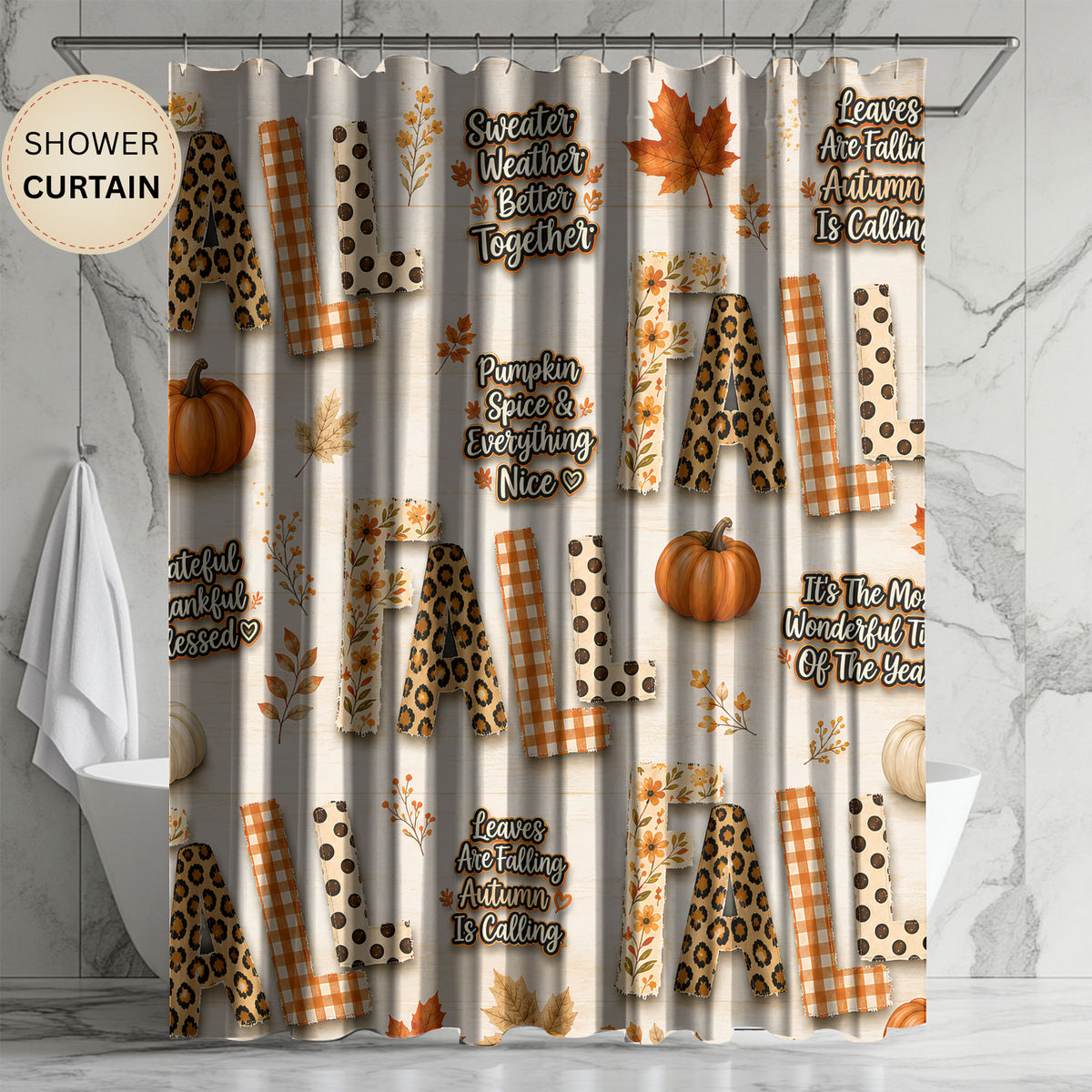 Fall Shower Curtain Pumpkins Leopard Gingham Autumn Leaves Faux Patchwork Sweater Weather Rustic Farmhouse Bathroom Decor