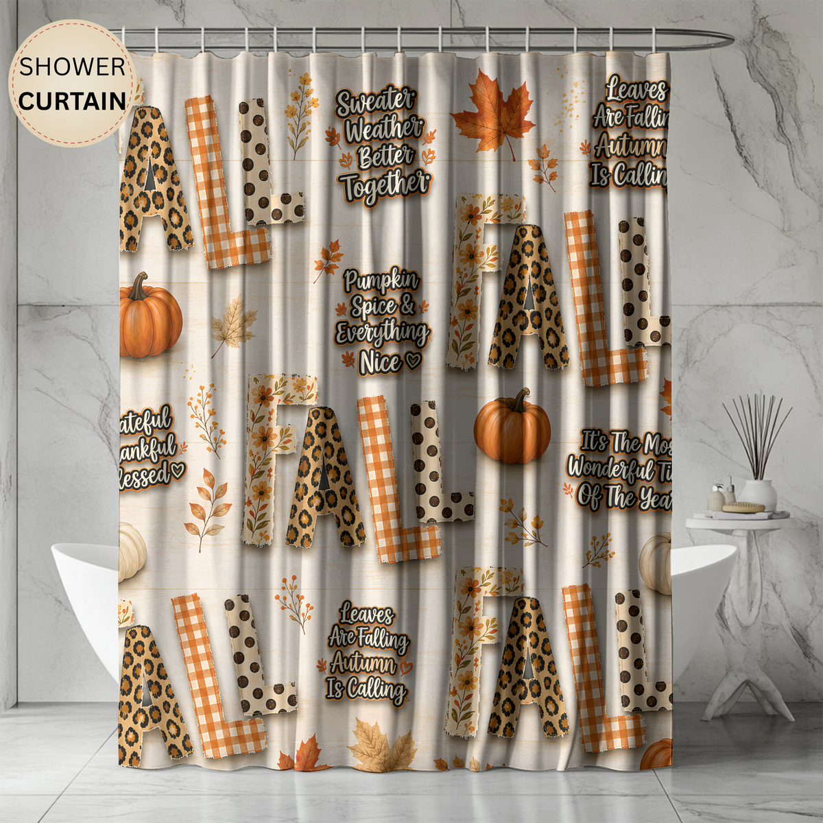 Fall Shower Curtain Pumpkins Leopard Gingham Autumn Leaves Faux Patchwork Sweater Weather Rustic Farmhouse Bathroom Decor