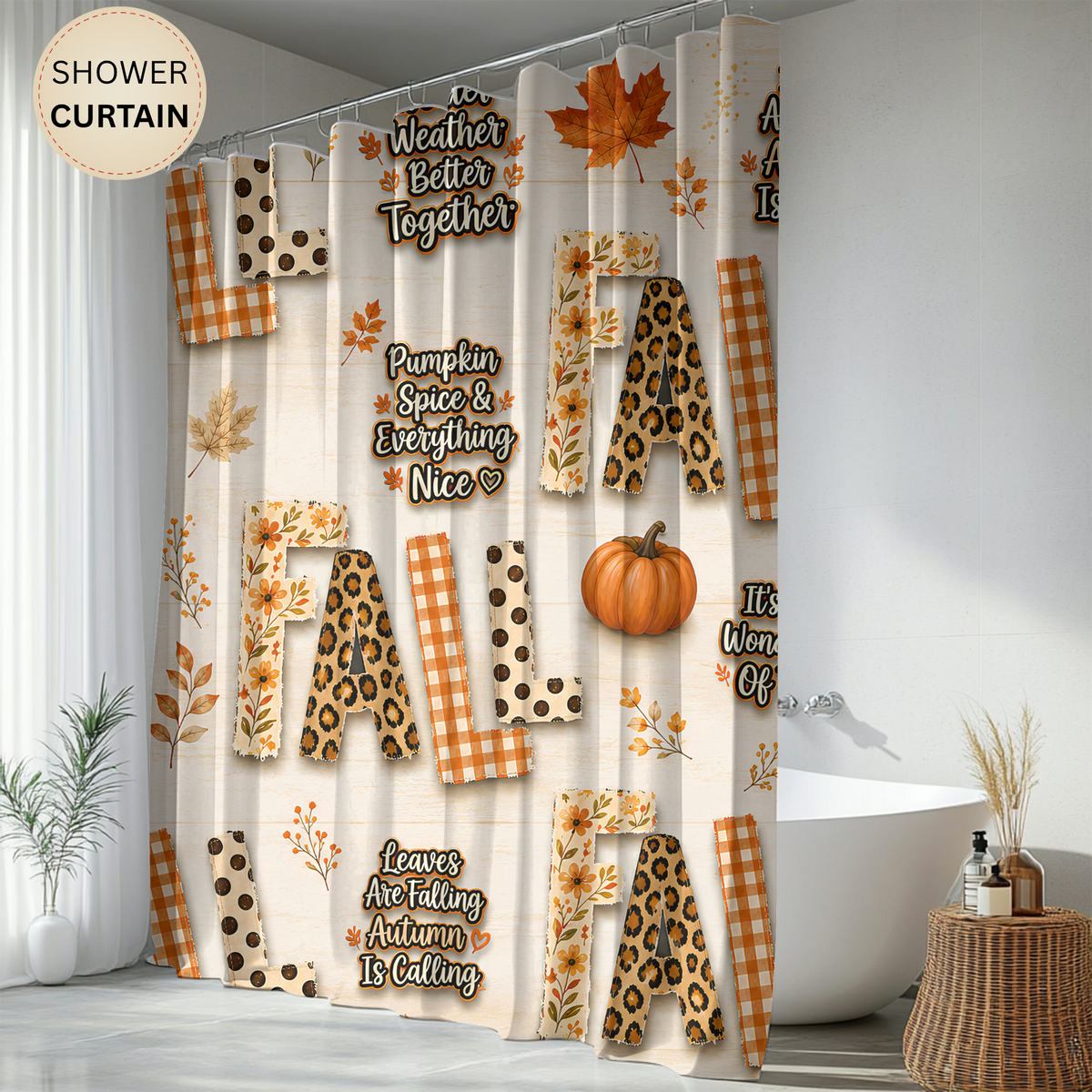 Fall Shower Curtain Pumpkins Leopard Gingham Autumn Leaves Faux Patchwork Sweater Weather Rustic Farmhouse Bathroom Decor
