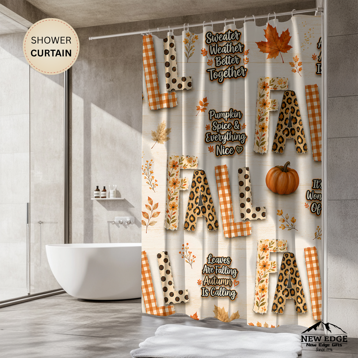 Fall Shower Curtain Pumpkins Leopard Gingham Autumn Leaves Faux Patchwork Sweater Weather Rustic Farmhouse Bathroom Decor