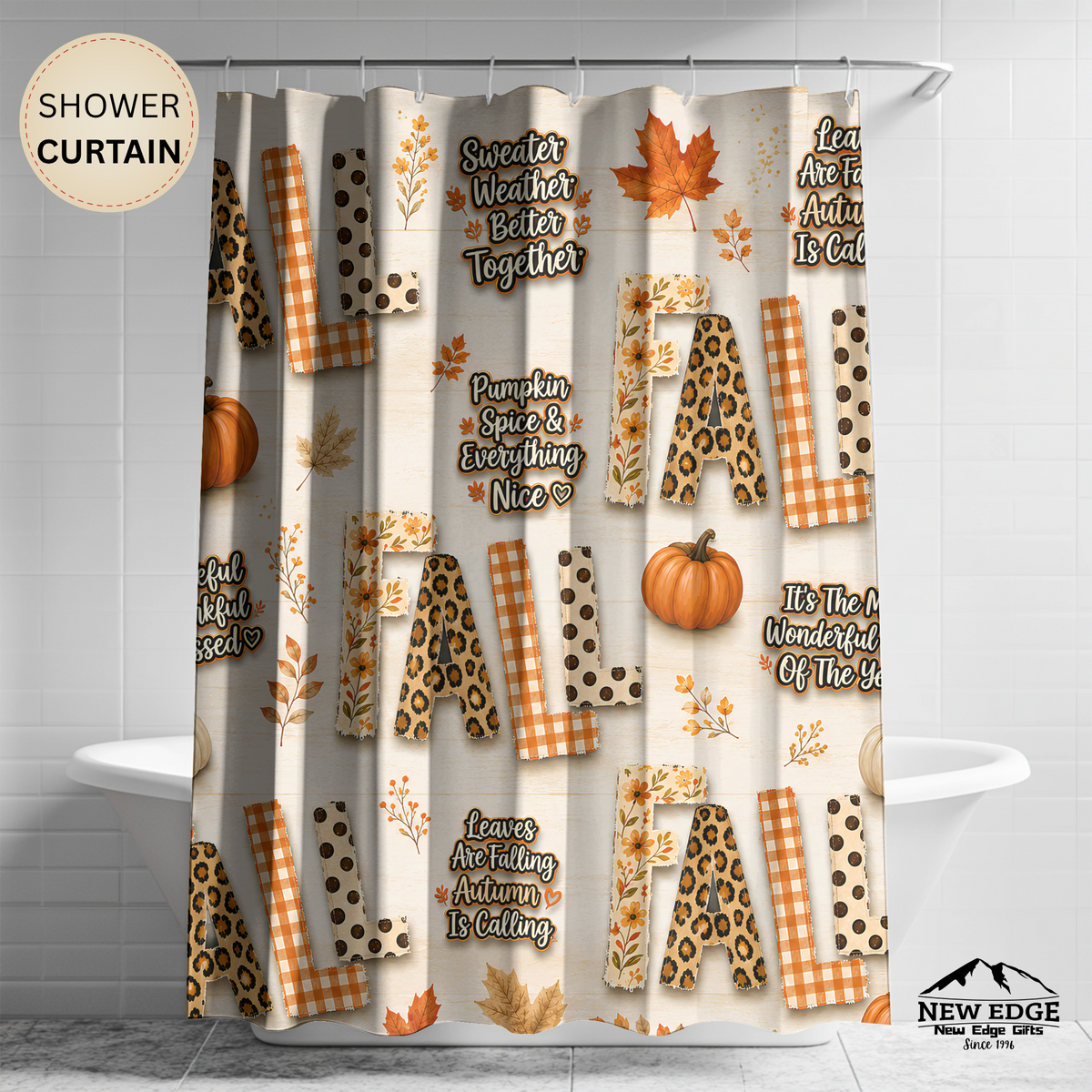 Fall Shower Curtain Pumpkins Leopard Gingham Autumn Leaves Faux Patchwork Sweater Weather Rustic Farmhouse Bathroom Decor