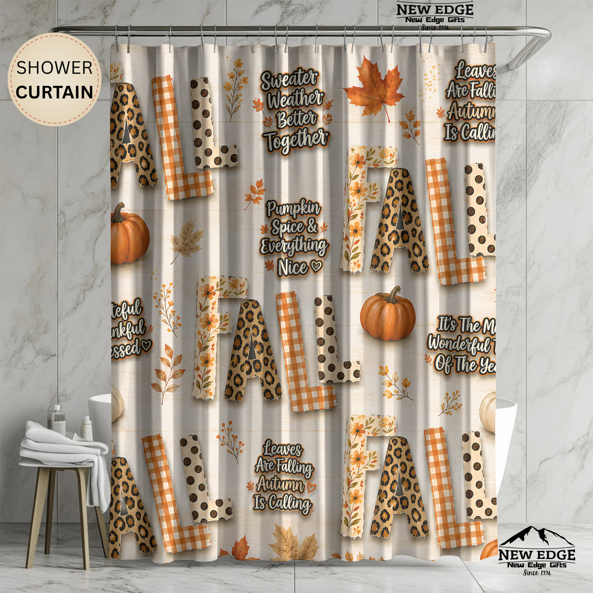 Fall Shower Curtain Pumpkins Leopard Gingham Autumn Leaves Faux Patchwork Sweater Weather Rustic Farmhouse Bathroom Decor