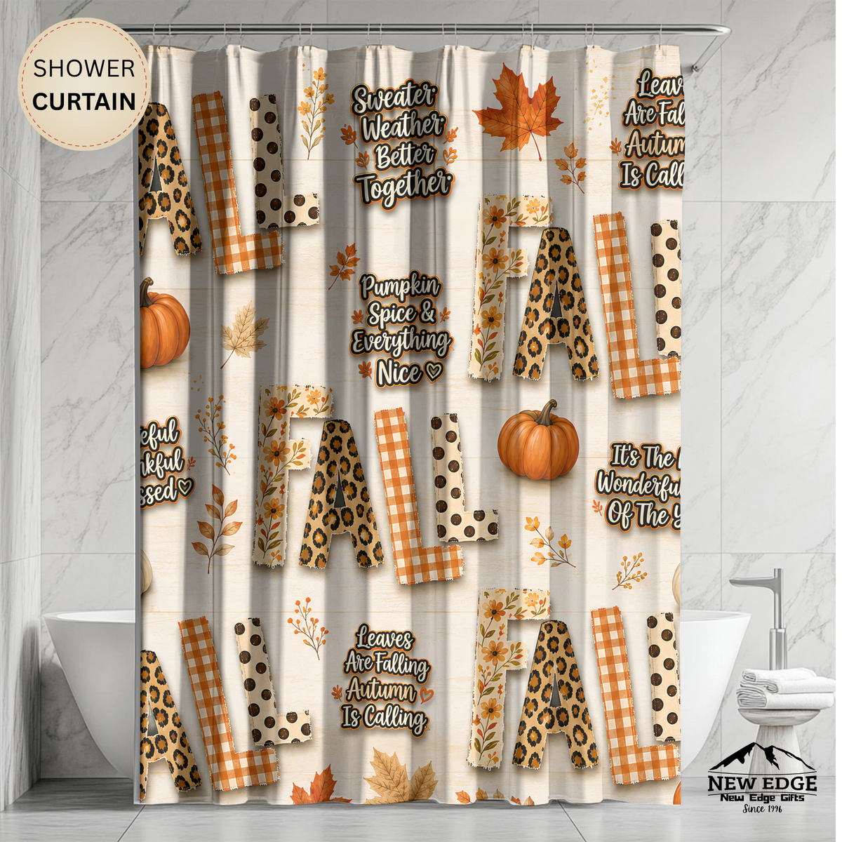 Fall Shower Curtain Pumpkins Leopard Gingham Autumn Leaves Faux Patchwork Sweater Weather Rustic Farmhouse Bathroom Decor