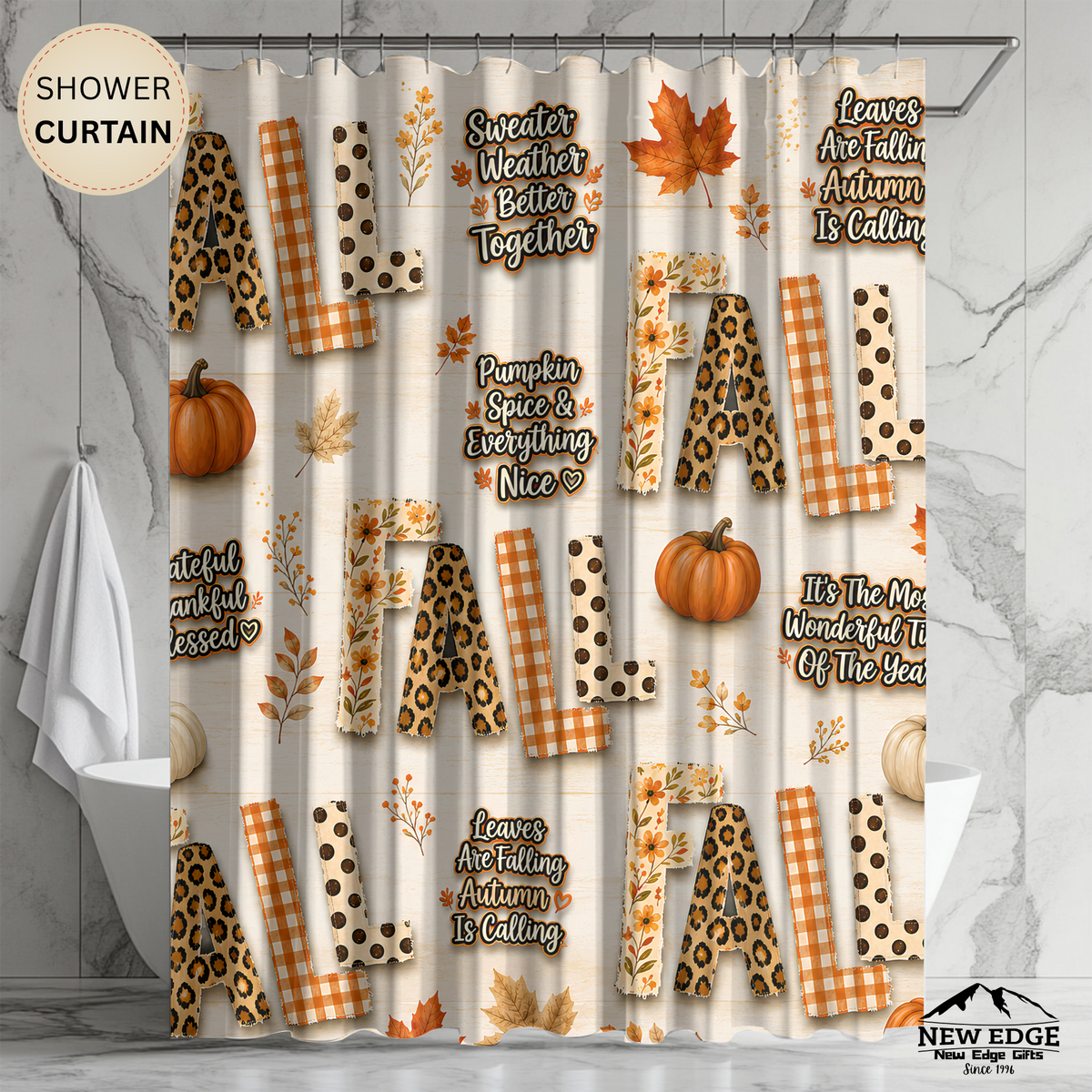 Fall Shower Curtain Pumpkins Leopard Gingham Autumn Leaves Faux Patchwork Sweater Weather Rustic Farmhouse Bathroom Decor