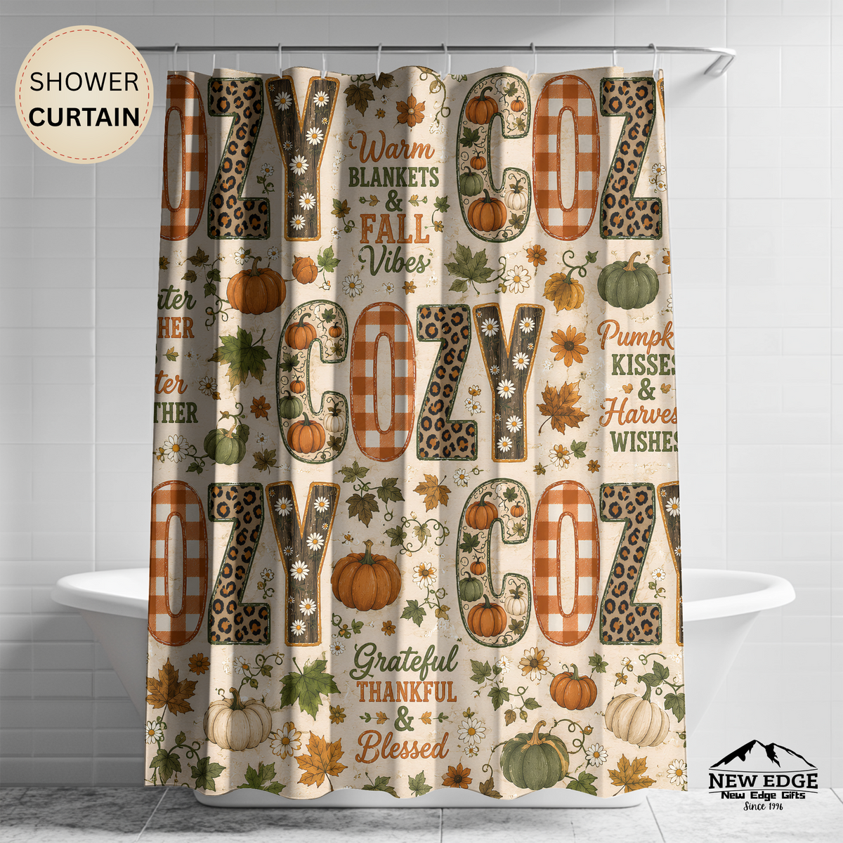 Cozy Fall Shower Curtain Faux Patchwork Pumpkins Leopard Gingham Autumn Leaves Grateful Thankful Blessed Farmhouse Decor