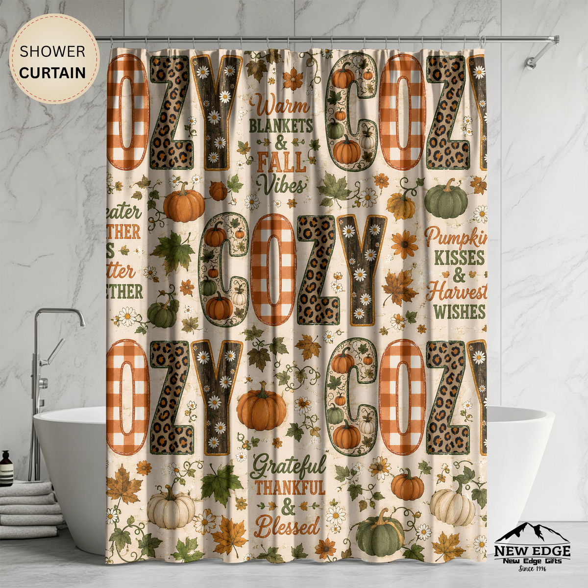 Cozy Fall Shower Curtain Faux Patchwork Pumpkins Leopard Gingham Autumn Leaves Grateful Thankful Blessed Farmhouse Decor