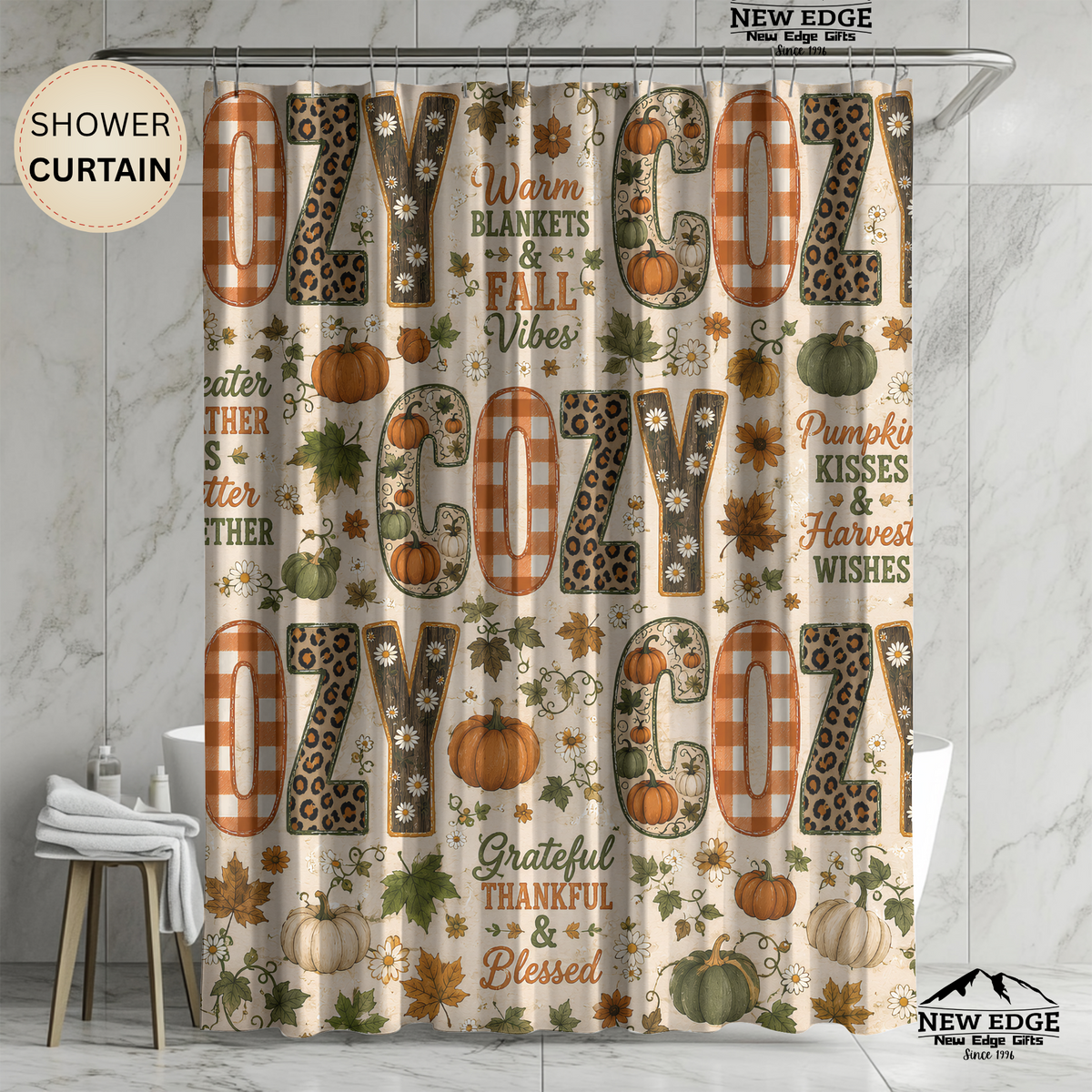 Cozy Fall Shower Curtain Faux Patchwork Pumpkins Leopard Gingham Autumn Leaves Grateful Thankful Blessed Farmhouse Decor