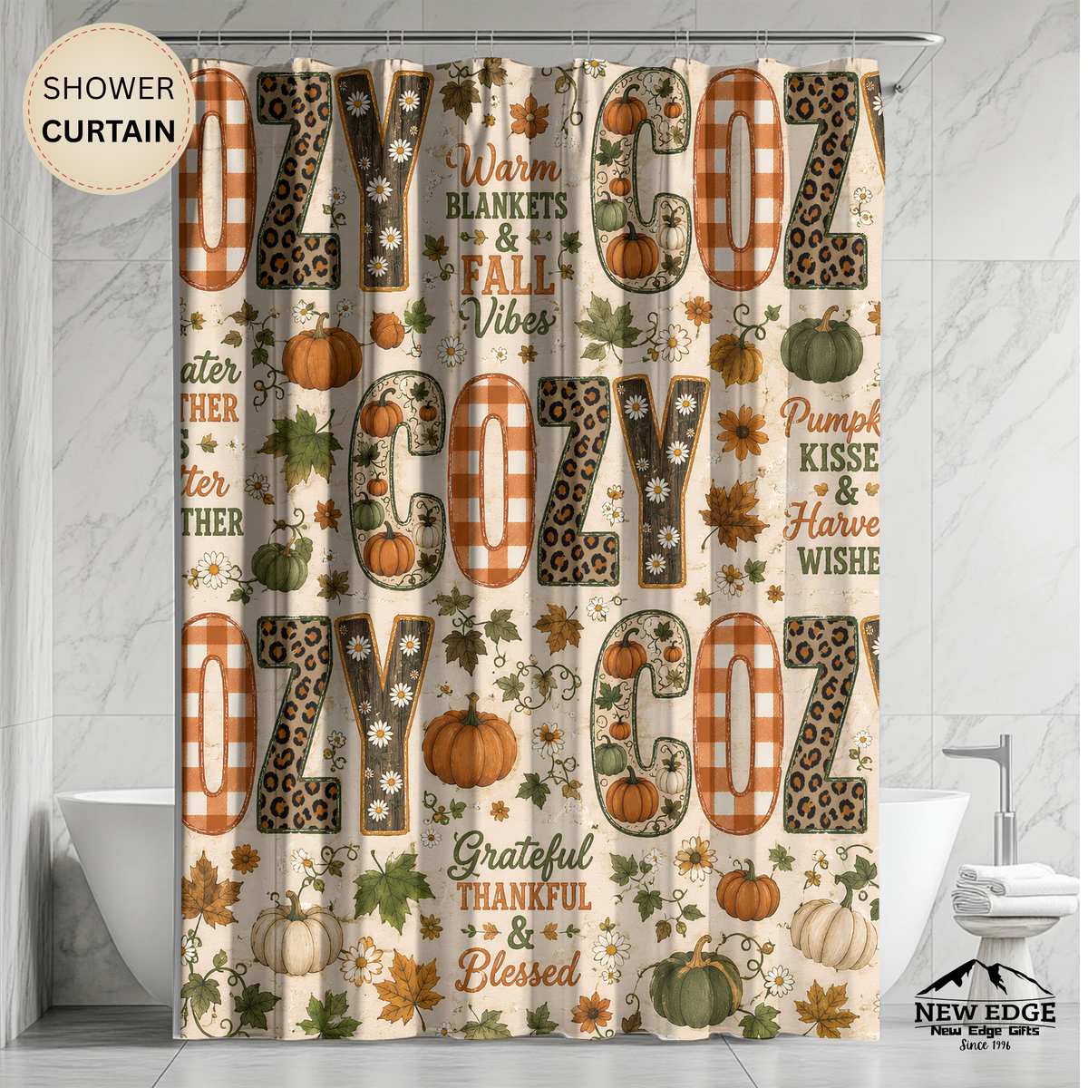 Cozy Fall Shower Curtain Faux Patchwork Pumpkins Leopard Gingham Autumn Leaves Grateful Thankful Blessed Farmhouse Decor