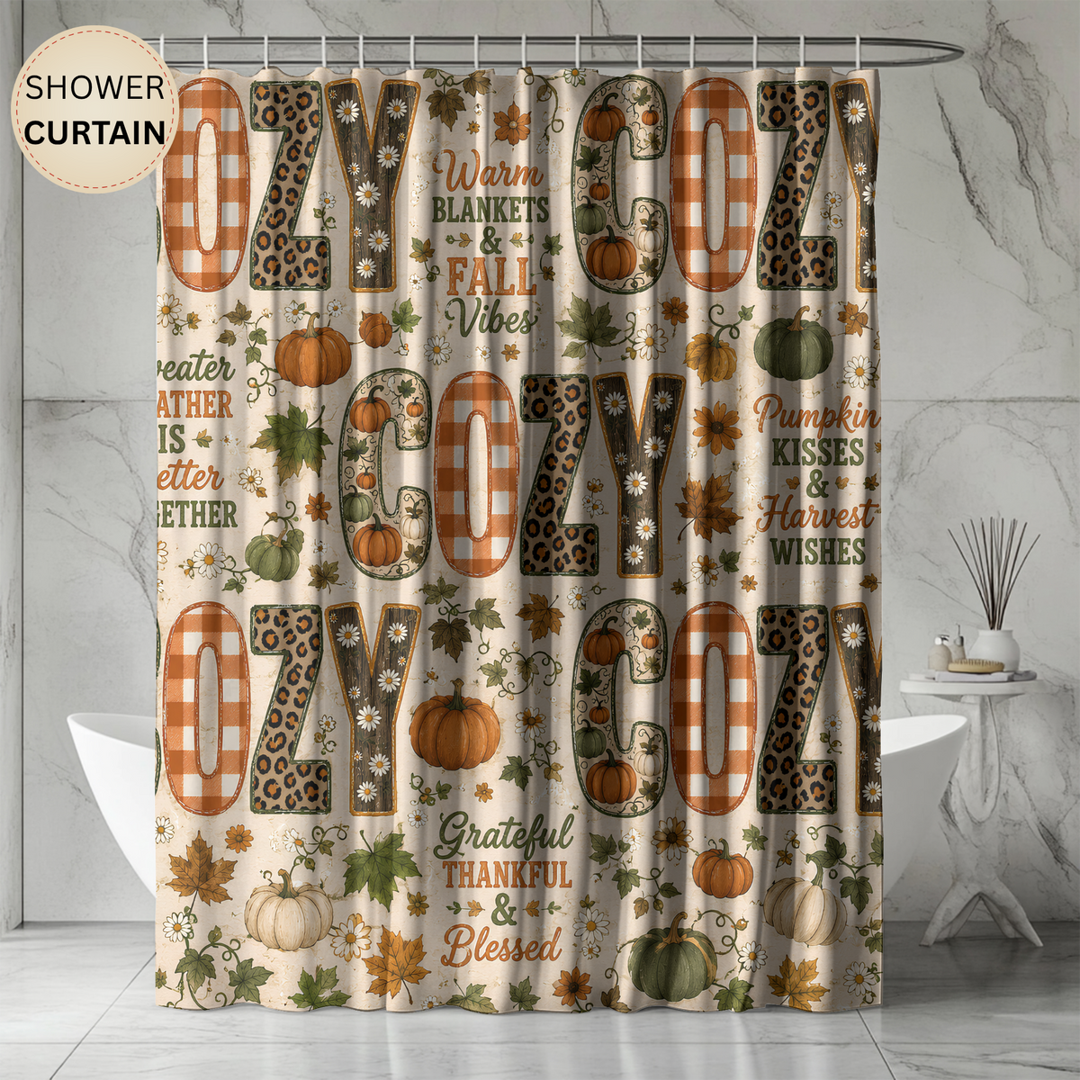Cozy Fall Shower Curtain Faux Patchwork Pumpkins Leopard Gingham Autumn Leaves Grateful Thankful Blessed Farmhouse Decor