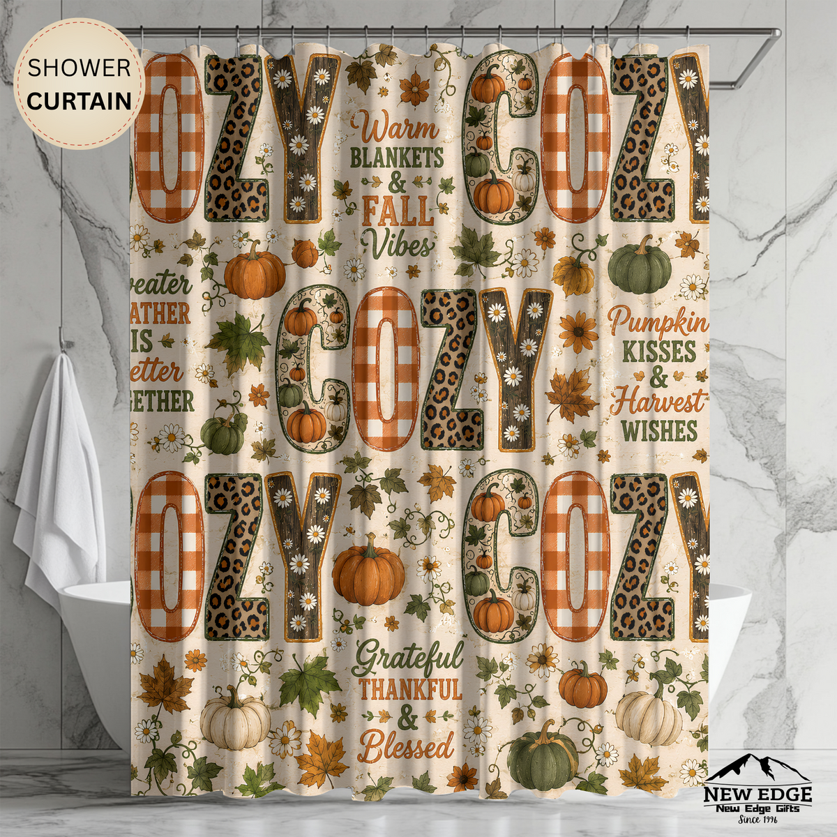 Cozy Fall Shower Curtain Faux Patchwork Pumpkins Leopard Gingham Autumn Leaves Grateful Thankful Blessed Farmhouse Decor
