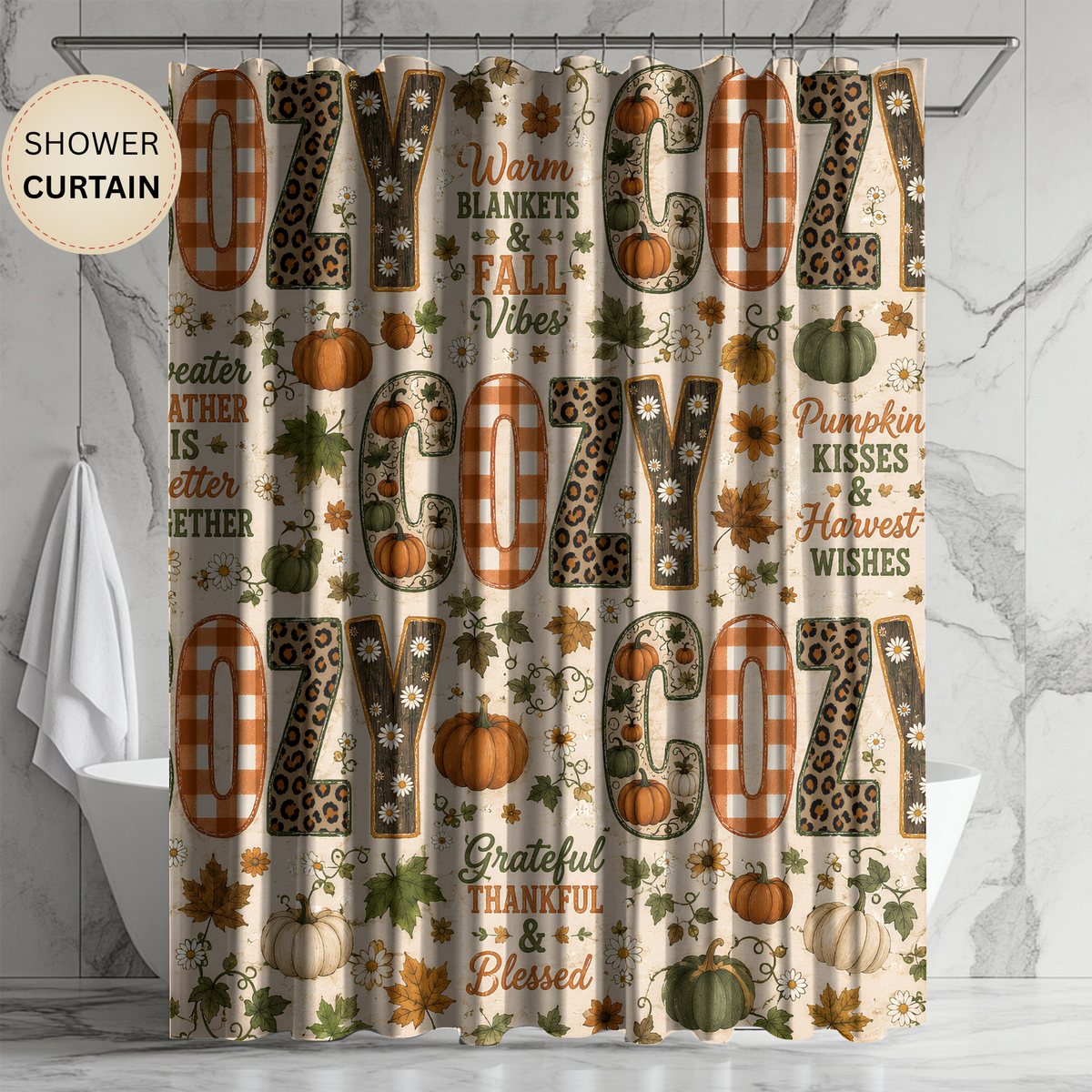 Cozy Fall Shower Curtain Faux Patchwork Pumpkins Leopard Gingham Autumn Leaves Grateful Thankful Blessed Farmhouse Decor