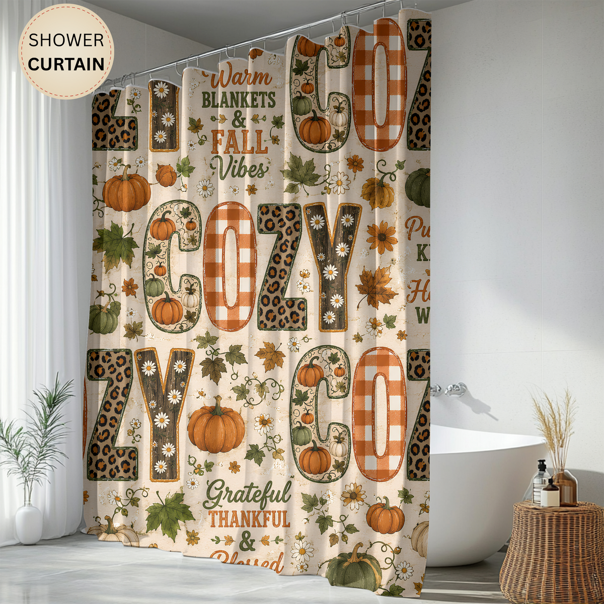 Cozy Fall Shower Curtain Faux Patchwork Pumpkins Leopard Gingham Autumn Leaves Grateful Thankful Blessed Farmhouse Decor