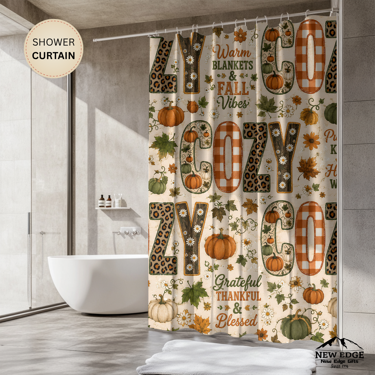 Cozy Fall Shower Curtain Faux Patchwork Pumpkins Leopard Gingham Autumn Leaves Grateful Thankful Blessed Farmhouse Decor