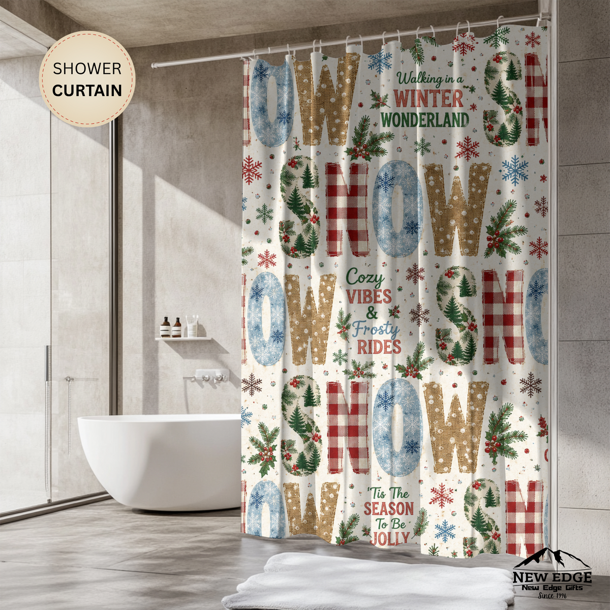 Christmas Snow Shower Curtain Faux Patchwork Winter Wonderland Plaid Snowflakes Pine Trees Rustic Farmhouse Holiday Bathroom Decor