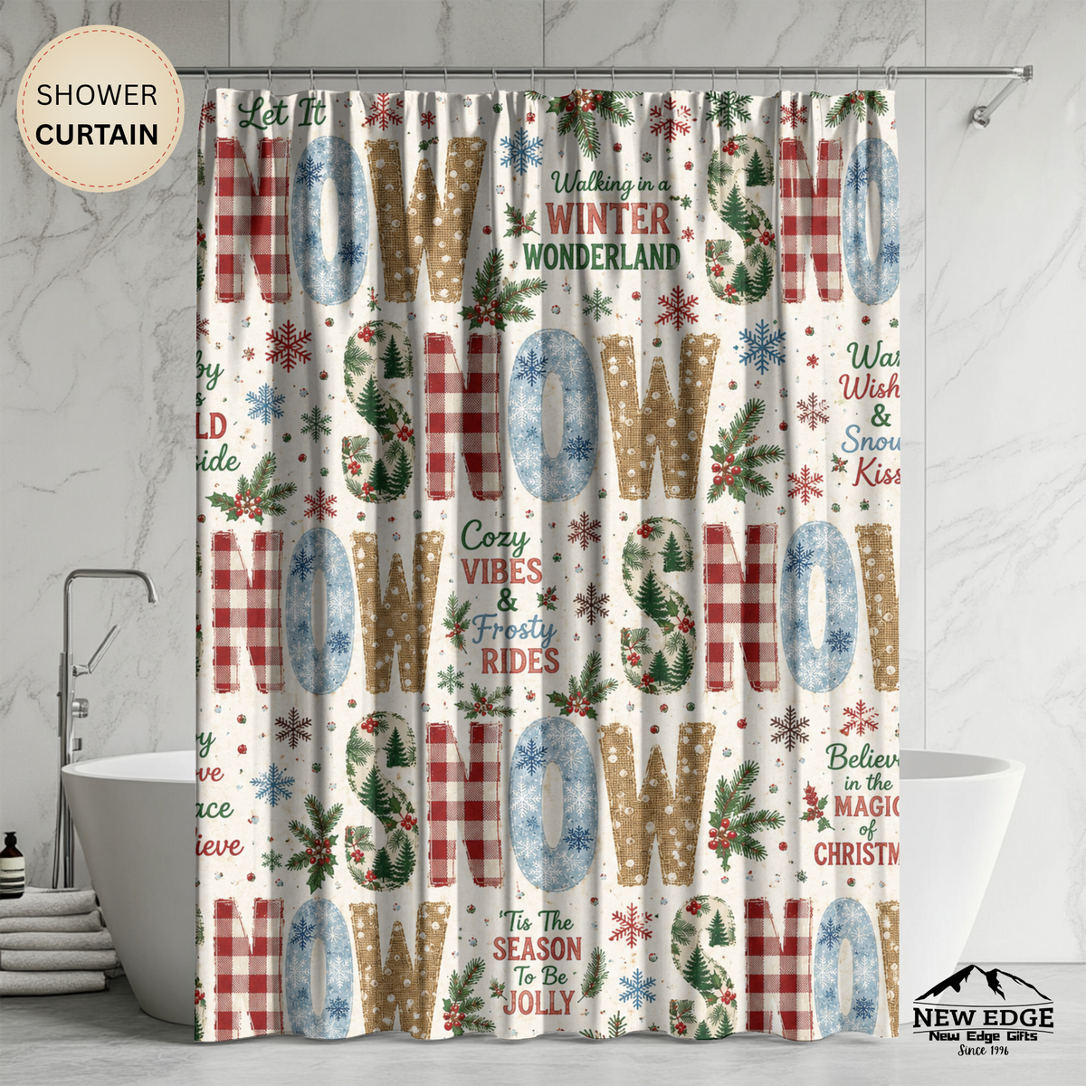 Christmas Snow Shower Curtain Faux Patchwork Winter Wonderland Plaid Snowflakes Pine Trees Rustic Farmhouse Holiday Bathroom Decor