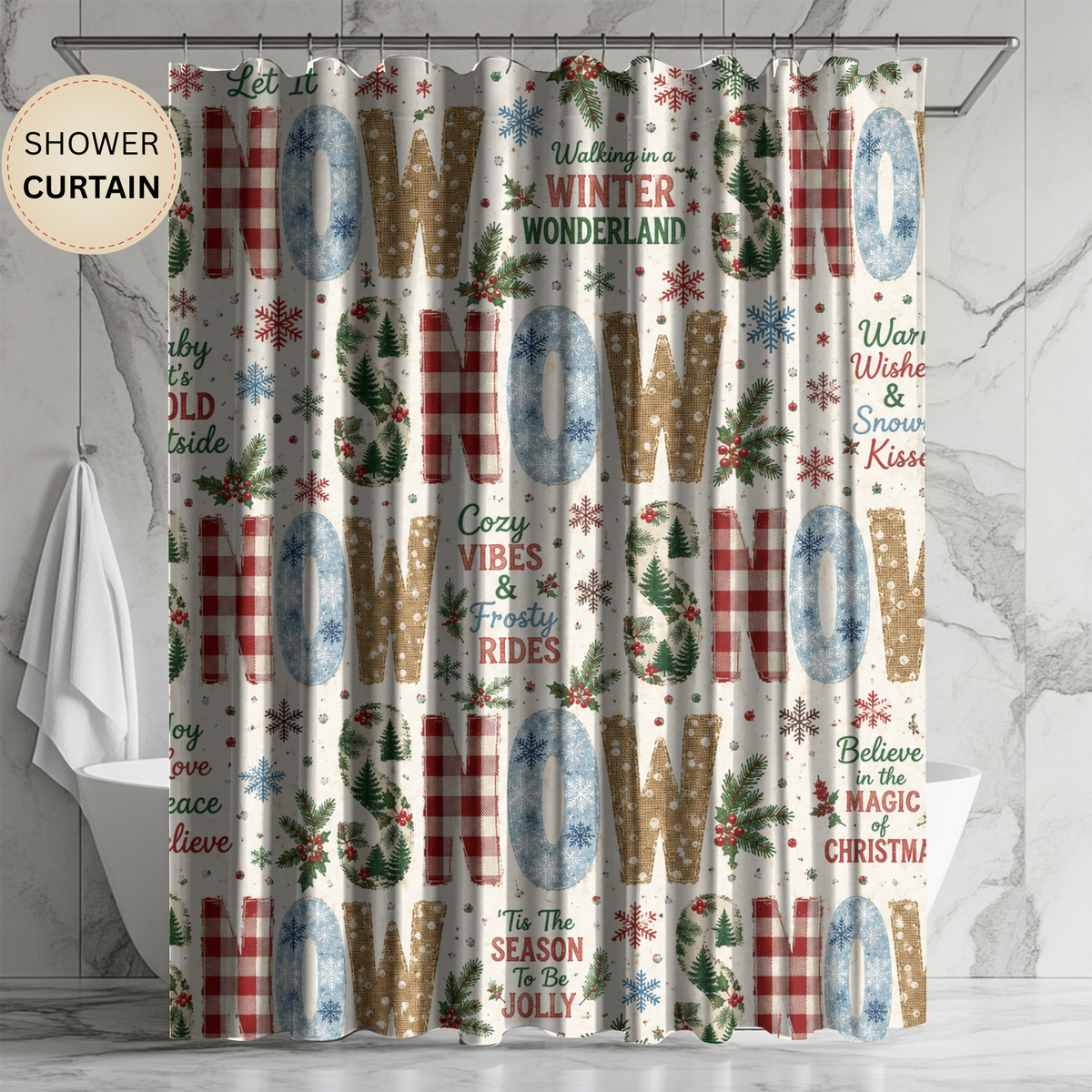 Christmas Snow Shower Curtain Faux Patchwork Winter Wonderland Plaid Snowflakes Pine Trees Rustic Farmhouse Holiday Bathroom Decor