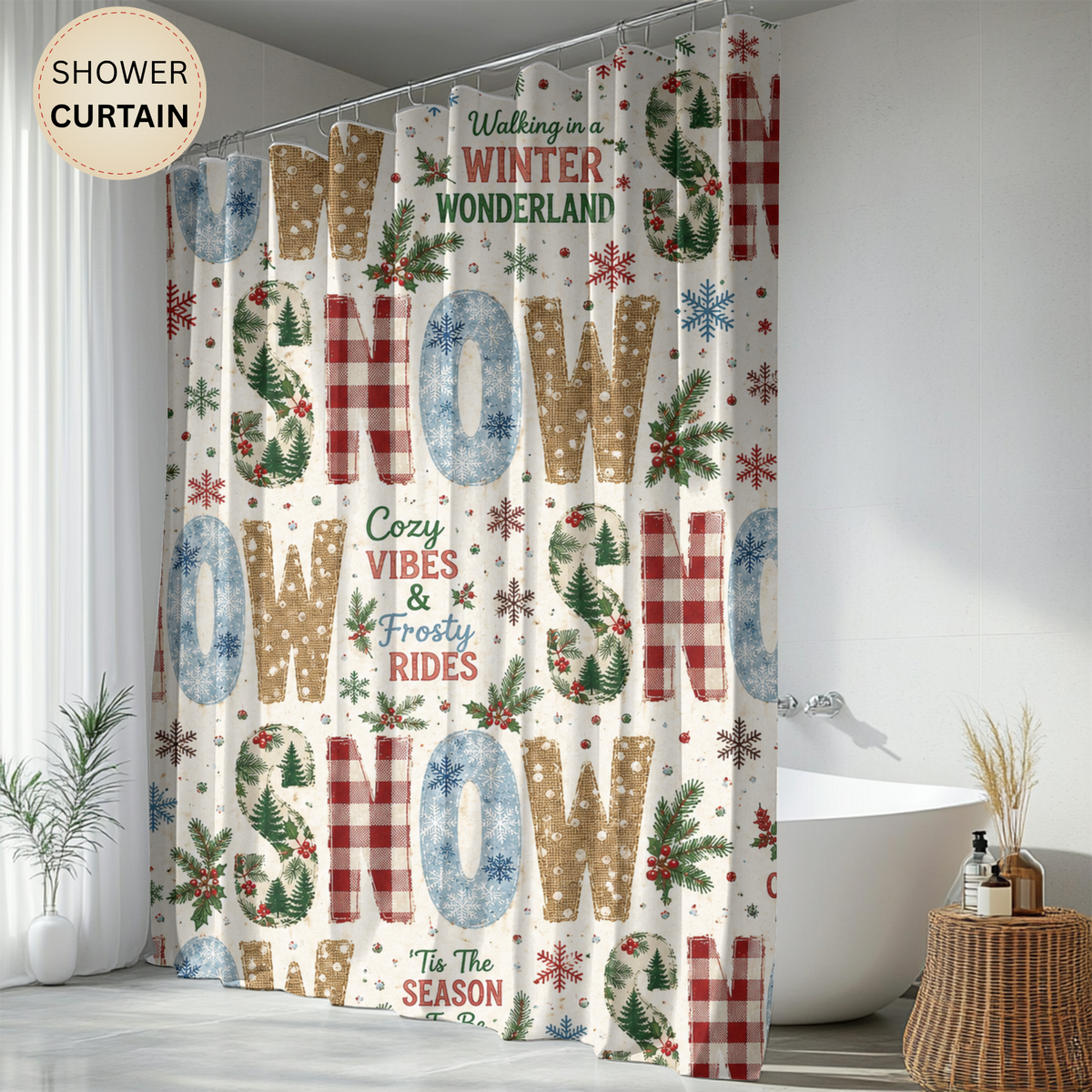 Christmas Snow Shower Curtain Faux Patchwork Winter Wonderland Plaid Snowflakes Pine Trees Rustic Farmhouse Holiday Bathroom Decor