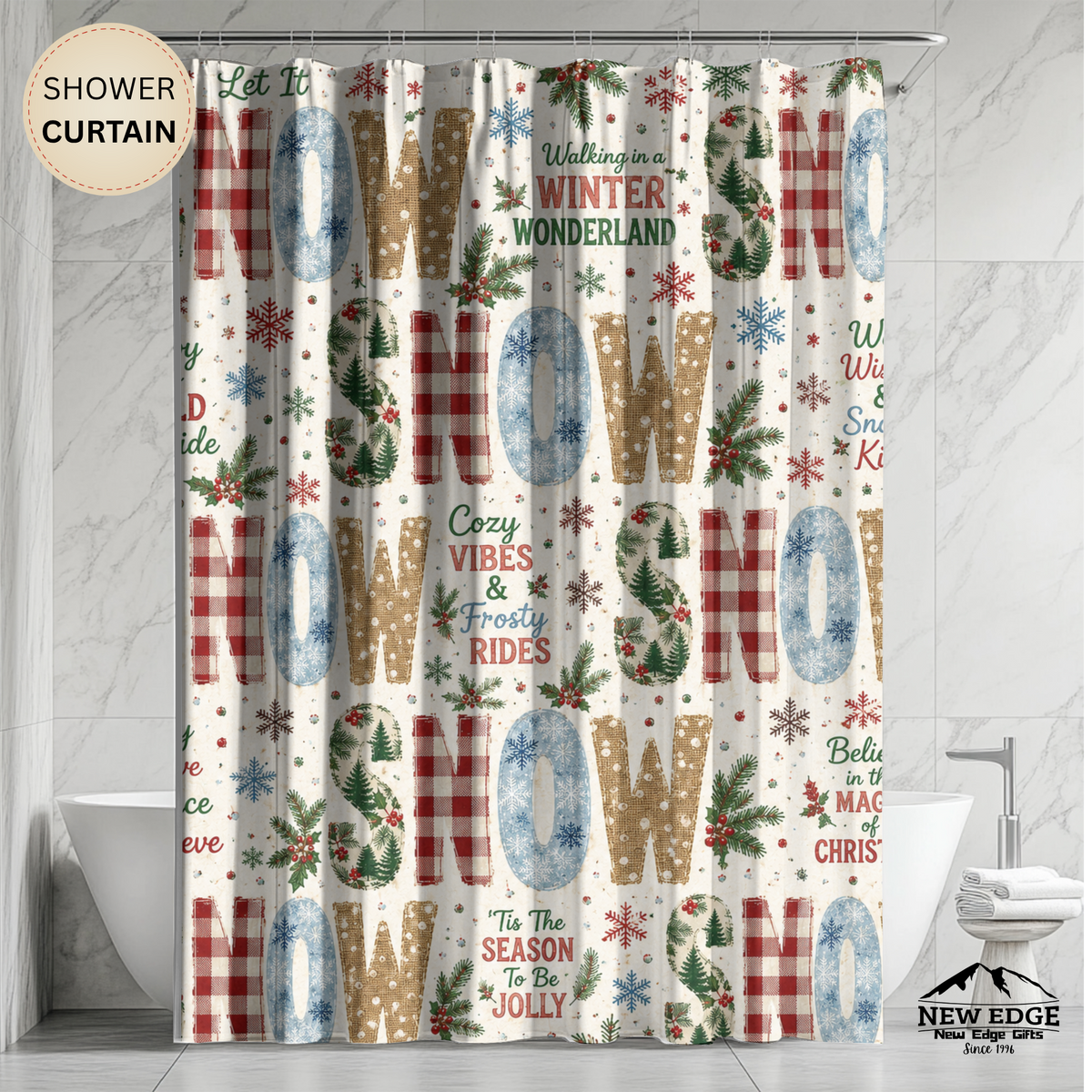 Christmas Snow Shower Curtain Faux Patchwork Winter Wonderland Plaid Snowflakes Pine Trees Rustic Farmhouse Holiday Bathroom Decor
