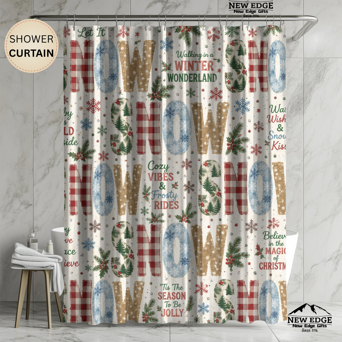 Christmas Snow Shower Curtain Faux Patchwork Winter Wonderland Plaid Snowflakes Pine Trees Rustic Farmhouse Holiday Bathroom Decor
