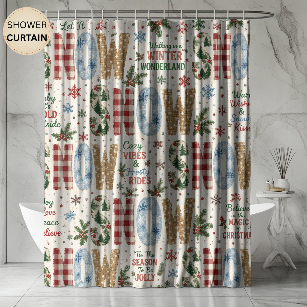Christmas Snow Shower Curtain Faux Patchwork Winter Wonderland Plaid Snowflakes Pine Trees Rustic Farmhouse Holiday Bathroom Decor