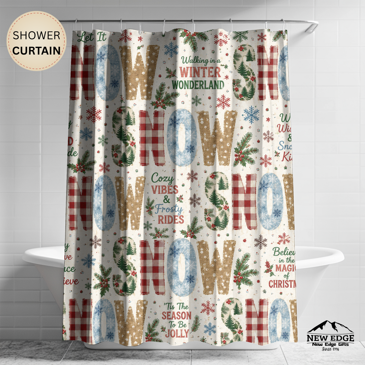 Christmas Snow Shower Curtain Faux Patchwork Winter Wonderland Plaid Snowflakes Pine Trees Rustic Farmhouse Holiday Bathroom Decor