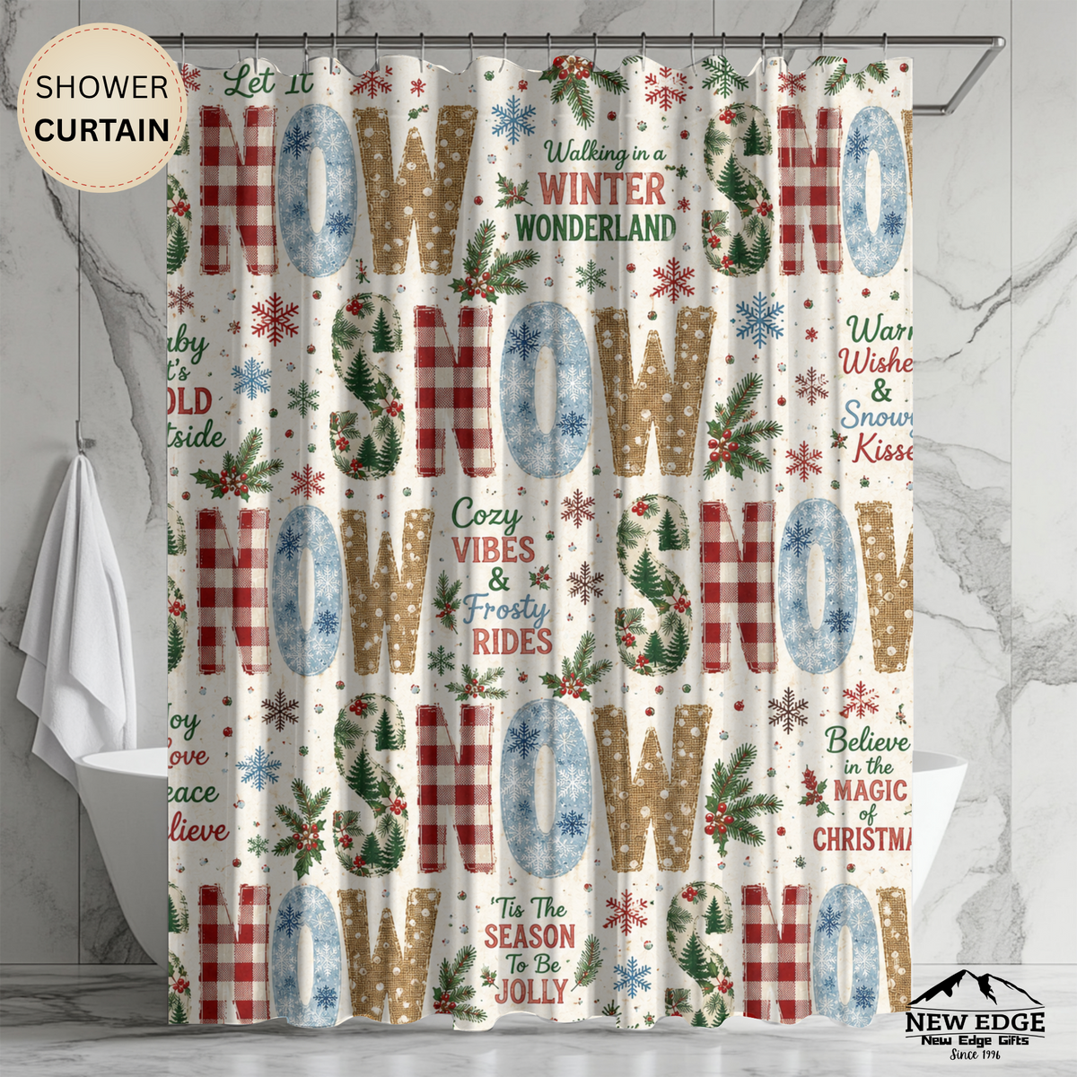 Christmas Snow Shower Curtain Faux Patchwork Winter Wonderland Plaid Snowflakes Pine Trees Rustic Farmhouse Holiday Bathroom Decor