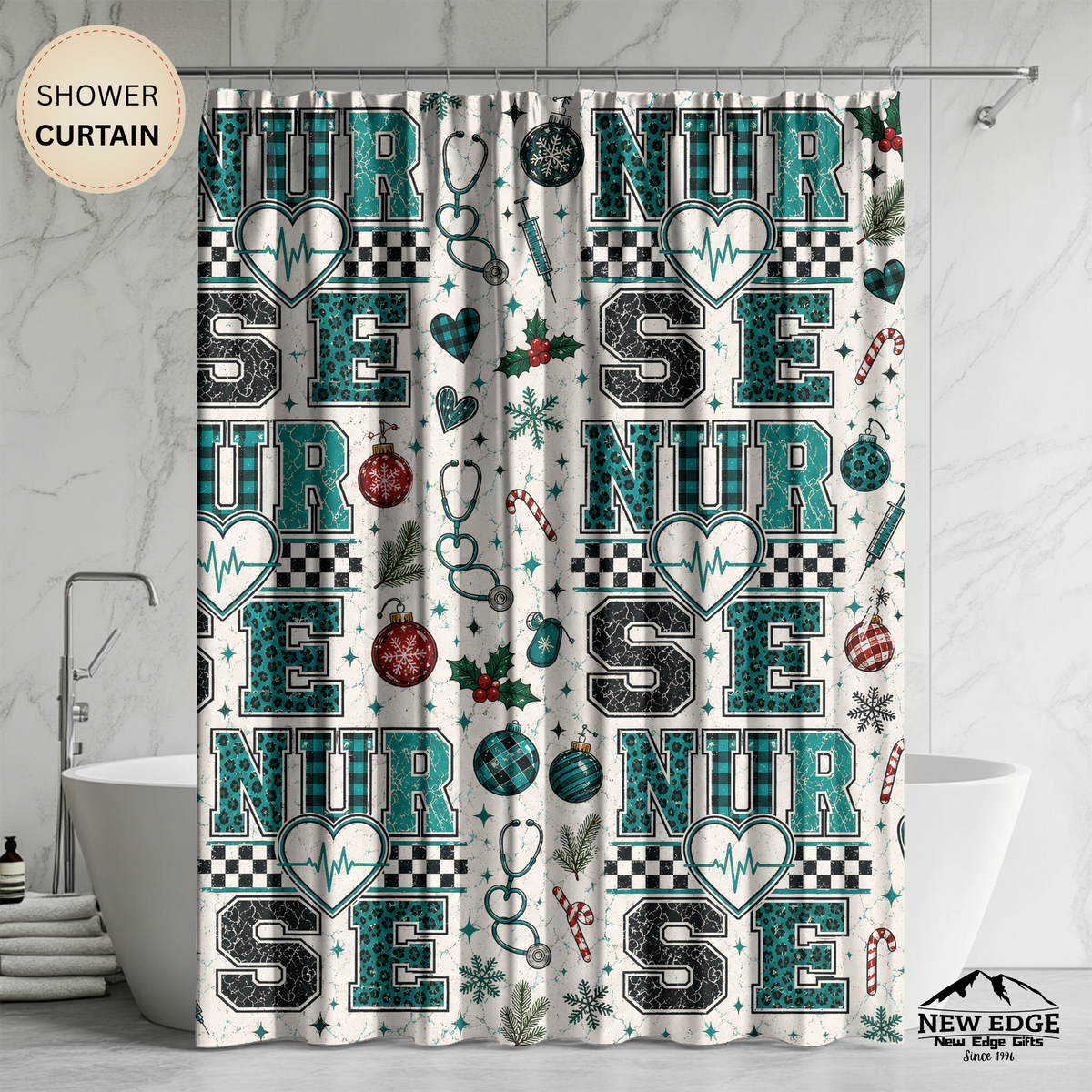 Christmas Nurse Shower Curtain Faux Patchwork Stethoscope Heartbeat Teal Plaid Nursing Holiday Bathroom Decor Nurse Gift