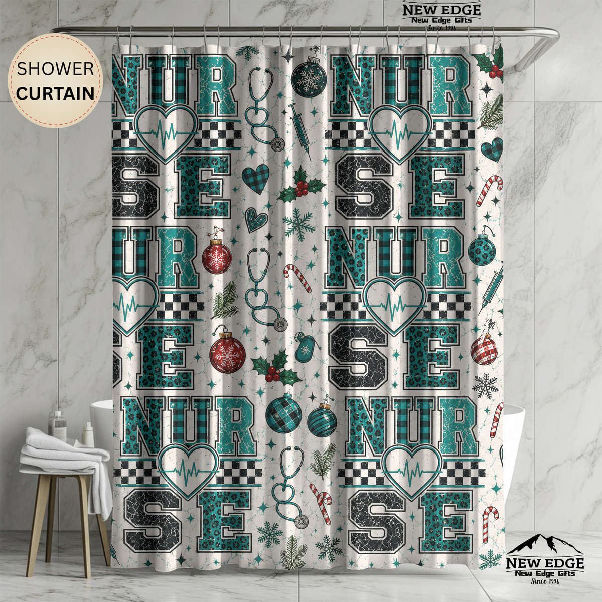Christmas Nurse Shower Curtain Faux Patchwork Stethoscope Heartbeat Teal Plaid Nursing Holiday Bathroom Decor Nurse Gift