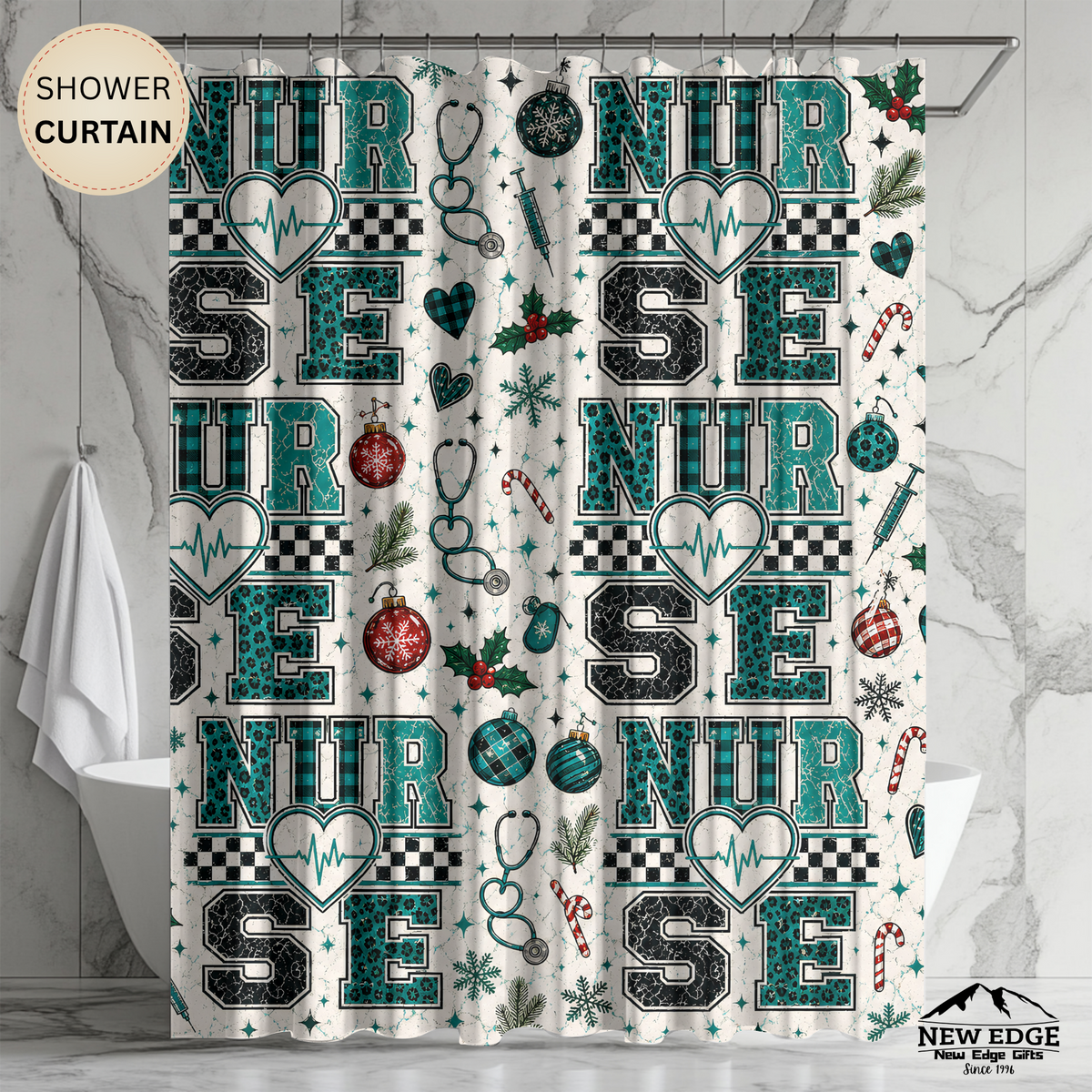 Christmas Nurse Shower Curtain Faux Patchwork Stethoscope Heartbeat Teal Plaid Nursing Holiday Bathroom Decor Nurse Gift