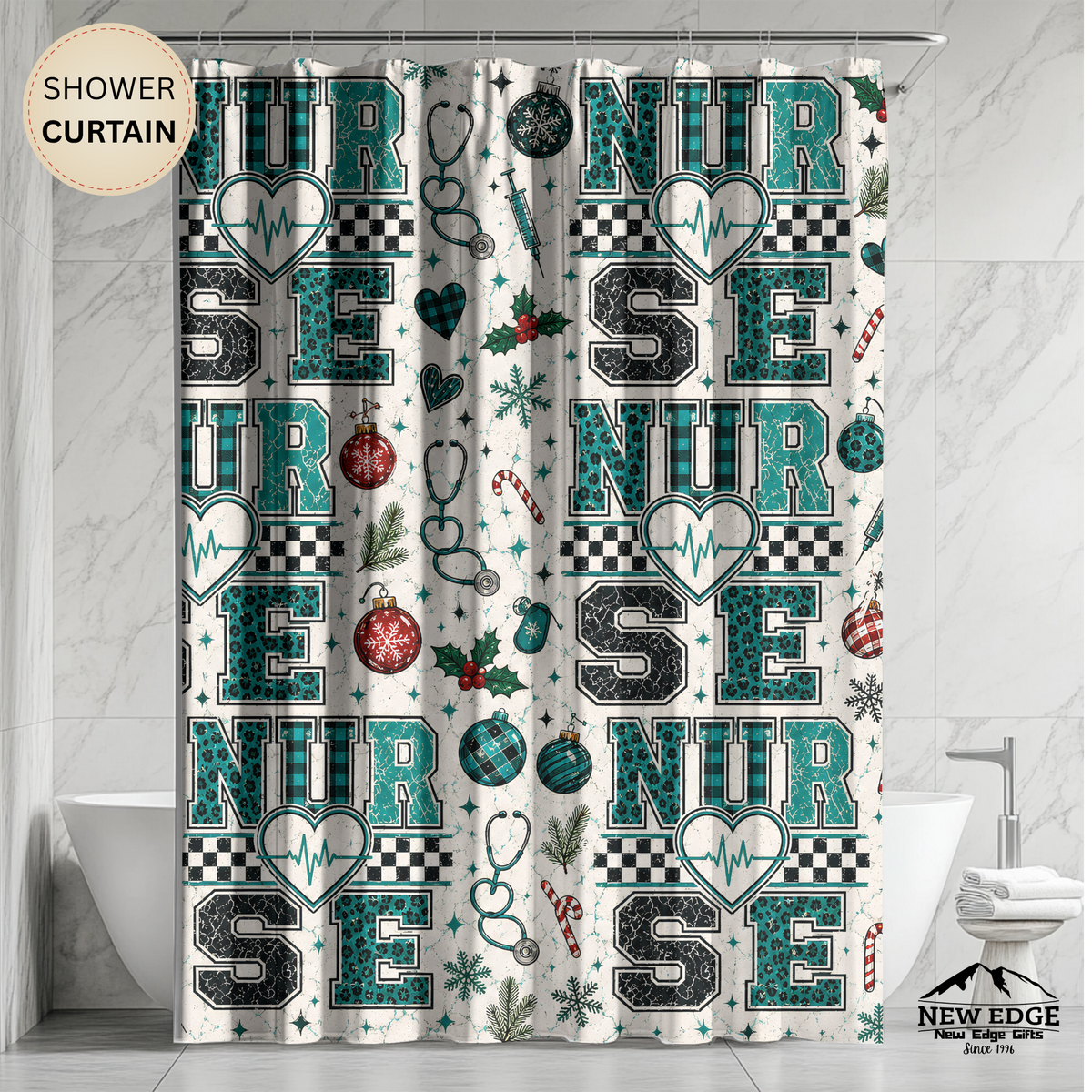 Christmas Nurse Shower Curtain Faux Patchwork Stethoscope Heartbeat Teal Plaid Nursing Holiday Bathroom Decor Nurse Gift