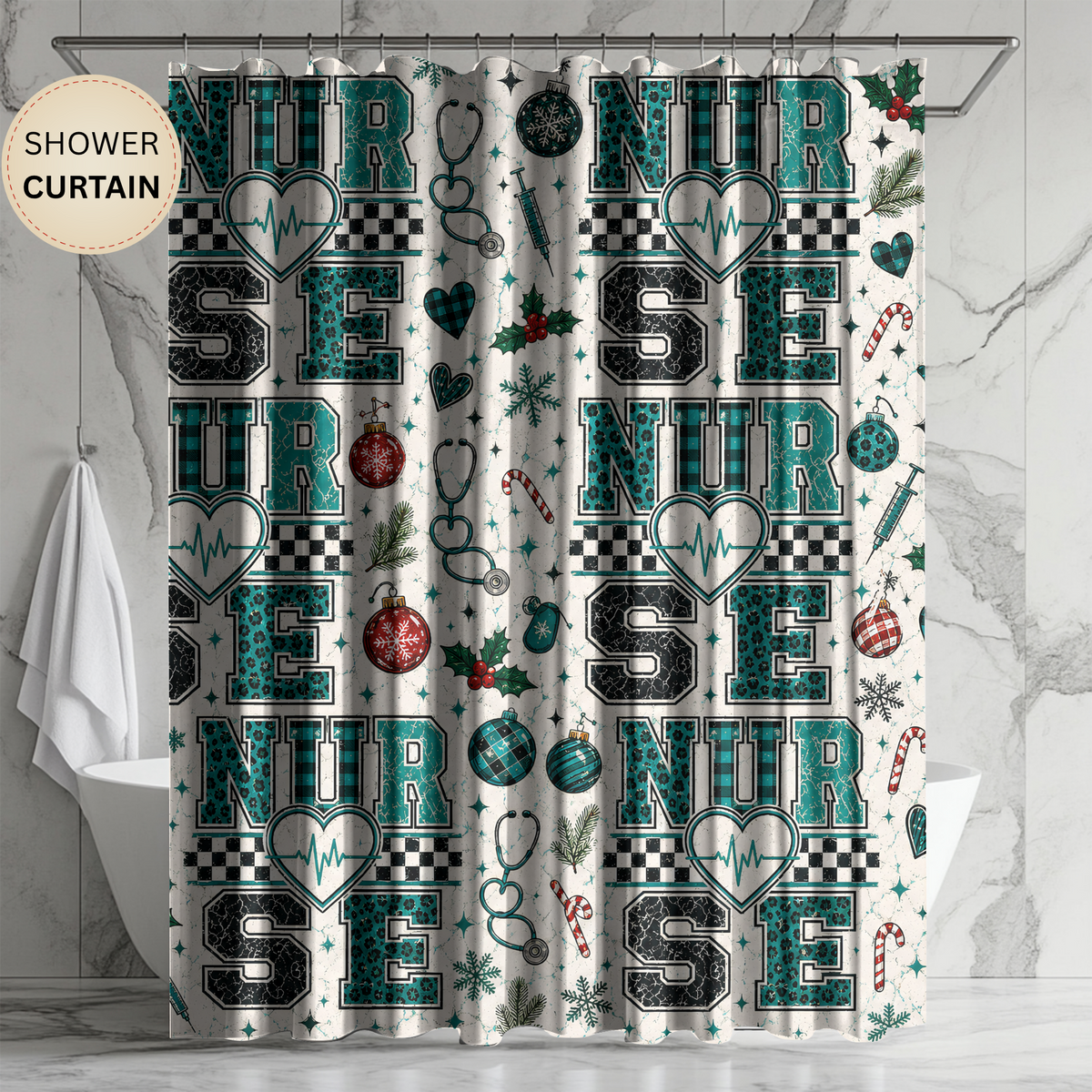 Christmas Nurse Shower Curtain Faux Patchwork Stethoscope Heartbeat Teal Plaid Nursing Holiday Bathroom Decor Nurse Gift
